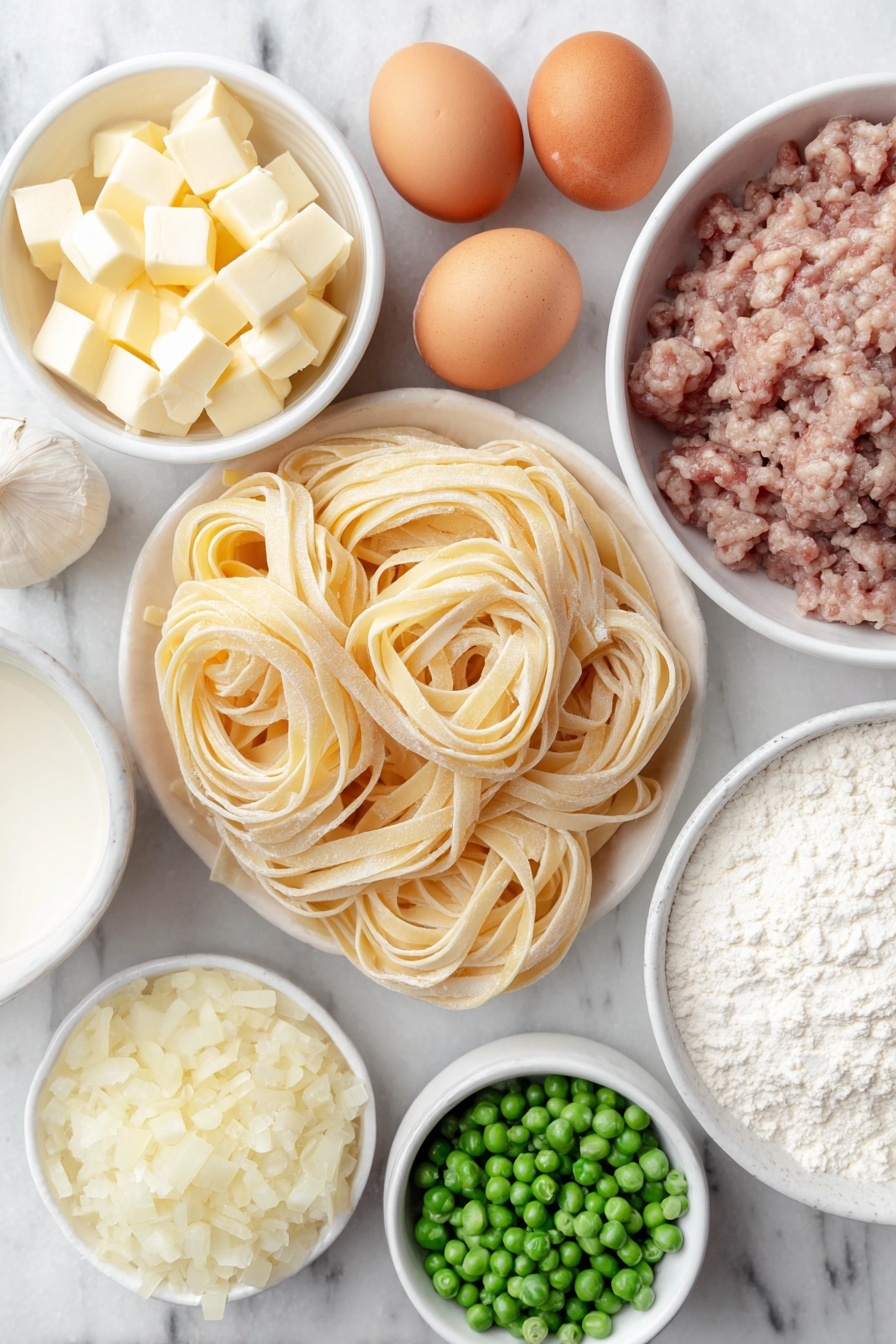 Flat lay of fresh uncooked fettuccine pasta neatly coiled, a small white ceramic bowl of unsalted butter cubes, a quarter of a yellow onion diced into small pieces on a simple white plate, several whole garlic cloves unpeeled, a small white bowl filled with all-purpose flour, a tiny pinch of whole nutmeg seeds next to a white bowl of warm whole milk, another small white bowl containing warm low sodium turkey broth, a small white bowl heaped with grated Parmesan cheese, a mound of cooked turkey meat chunks fresh and moist, a small white bowl filled with bright green frozen peas, two whole uncracked brown eggs placed symmetrically, all ingredients arranged with balanced spacing and perfect symmetry placed on a clean white marble surface, soft natural light, photo taken with an iPhone, professional food photography style, fresh ingredients, white ceramic bowls, no bottles, no duplicates, no utensils, no packaging --ar 2:3 --v 7 --p m7354615311229779997 - Turkey Alfredo Pasta, easy turkey pasta recipes, creamy Alfredo pasta, leftover turkey dishes, quick weeknight pasta