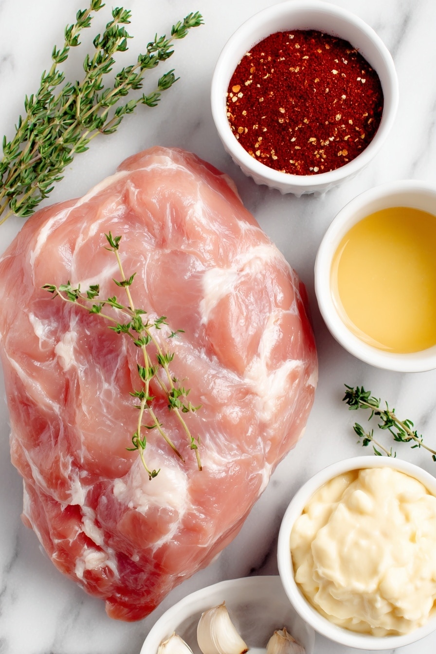 Flat lay of a large raw boneless turkey breast with smooth pale pink skin, a small white ceramic bowl of coarse black pepper, a small white ceramic bowl of bright red paprika powder, a small white ceramic bowl filled with creamy chicken soup base, a small white ceramic bowl holding golden chicken broth, and three fresh green thyme sprigs neatly arranged, all placed on a clean white marble surface, soft natural light, photo taken with an iPhone, professional food photography style, fresh ingredients, white ceramic bowls, no bottles, no duplicates, no utensils, no packaging --ar 2:3 --v 7 --p m7354615311229779997 - Slow Cooker Turkey with Creamy Gravy, easy turkey with gravy, fall comfort food recipes, moist turkey dinner ideas, slow cooker holiday main dish