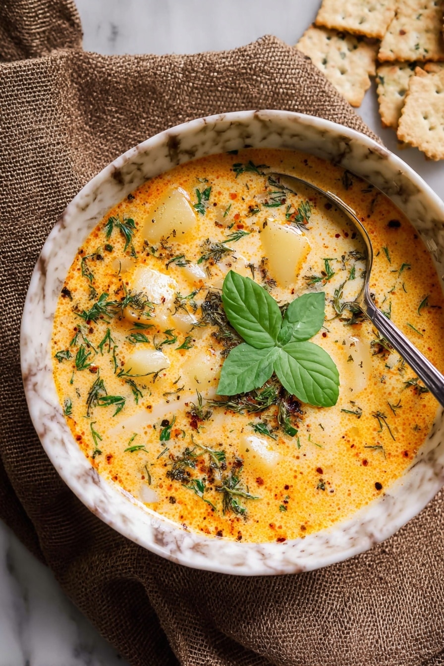 A marbled white bowl filled with a creamy orange soup that has small chunks of potatoes and vegetables visible in the mixture. The soup surface is sprinkled with finely chopped green herbs and topped with a single fresh green herb leaf in the center. Melted cheese pieces spread across the soup add a slightly melted texture with some browned spots. A silver spoon rests inside the bowl, and the bowl is placed on a textured brown cloth with crisp crackers nearby, all set against a white marbled surface. Photo taken with an iphone --ar 2:3 --v 7 - Creamy Gnocchi Chicken Soup, comforting chicken gnocchi soup, easy creamy chicken soup, hearty gnocchi soup recipe, cozy chicken soup with gnocchi
