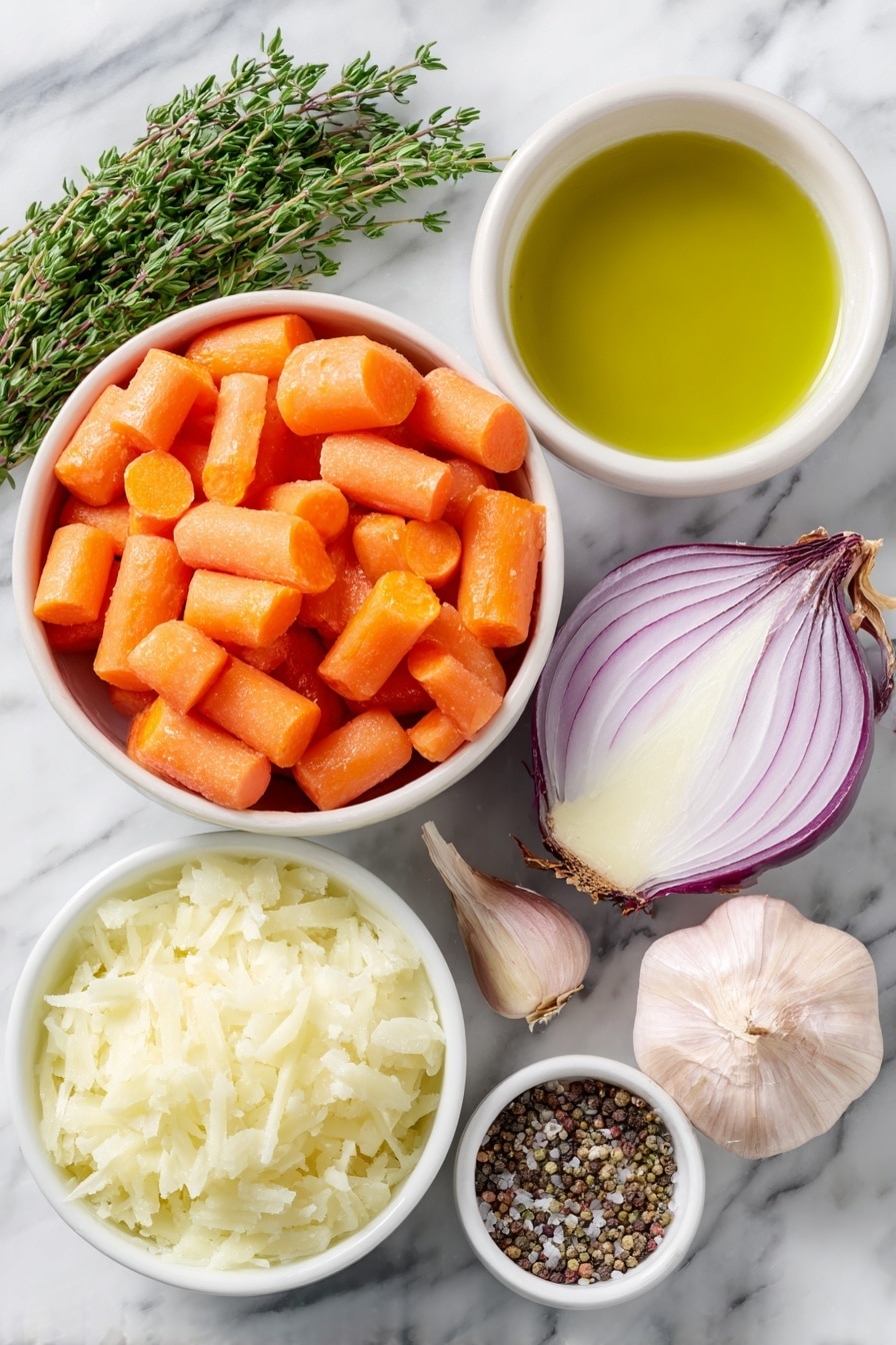 Flat lay of chopped bright orange carrot chunks, a halved large sweet onion with white and purple layers, two whole uncracked brown garlic cloves, a small white bowl of freshly peeled and grated pale yellow ginger, a few fresh green thyme sprigs with leaves scattered nearby, a small white ceramic bowl filled with golden olive oil, a small white bowl of coarse sea salt, and a small white bowl of cracked black peppercorns placed on a clean white marble surface, soft natural light, photo taken with an iPhone, professional food photography style, fresh ingredients, white ceramic bowls, no bottles, no duplicates, no utensils, no packaging --ar 2:3 --v 7 --p m7354615311229779997 - Creamy Carrot Ginger Soup, healthy carrot soup, easy vegetable soup, roasted carrot soup, comforting ginger soup