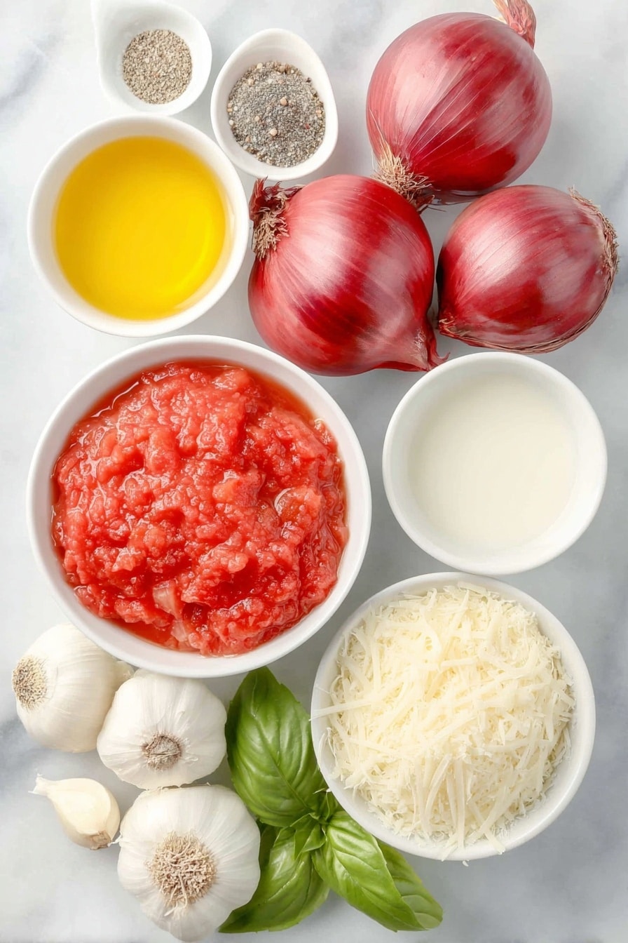Flat lay of a small white bowl of golden olive oil, two whole red onions with deep purple-red skin, three uncracked garlic cloves with papery white skins, a simple white ceramic bowl filled with crushed ripe red tomatoes, a white bowl containing clear golden chicken stock, a small white bowl of coarse kosher salt, a small white bowl of freshly ground black pepper, a small white bowl of smooth heavy cream, a bunch of bright green fresh basil leaves torn into bite-sized pieces, and a small pile of finely grated pale yellow parmesan cheese, all arranged with perfect symmetry on a clean white marble surface, soft natural light, photo taken with an iPhone, professional food photography style, fresh ingredients, white ceramic bowls, no bottles, no duplicates, no utensils, no packaging --ar 2:3 --v 7 --p m7354615311229779997 - Creamy Tomato Basil Soup, tomato basil soup recipe, easy creamy tomato soup, homemade tomato soup with basil, comforting soup recipes