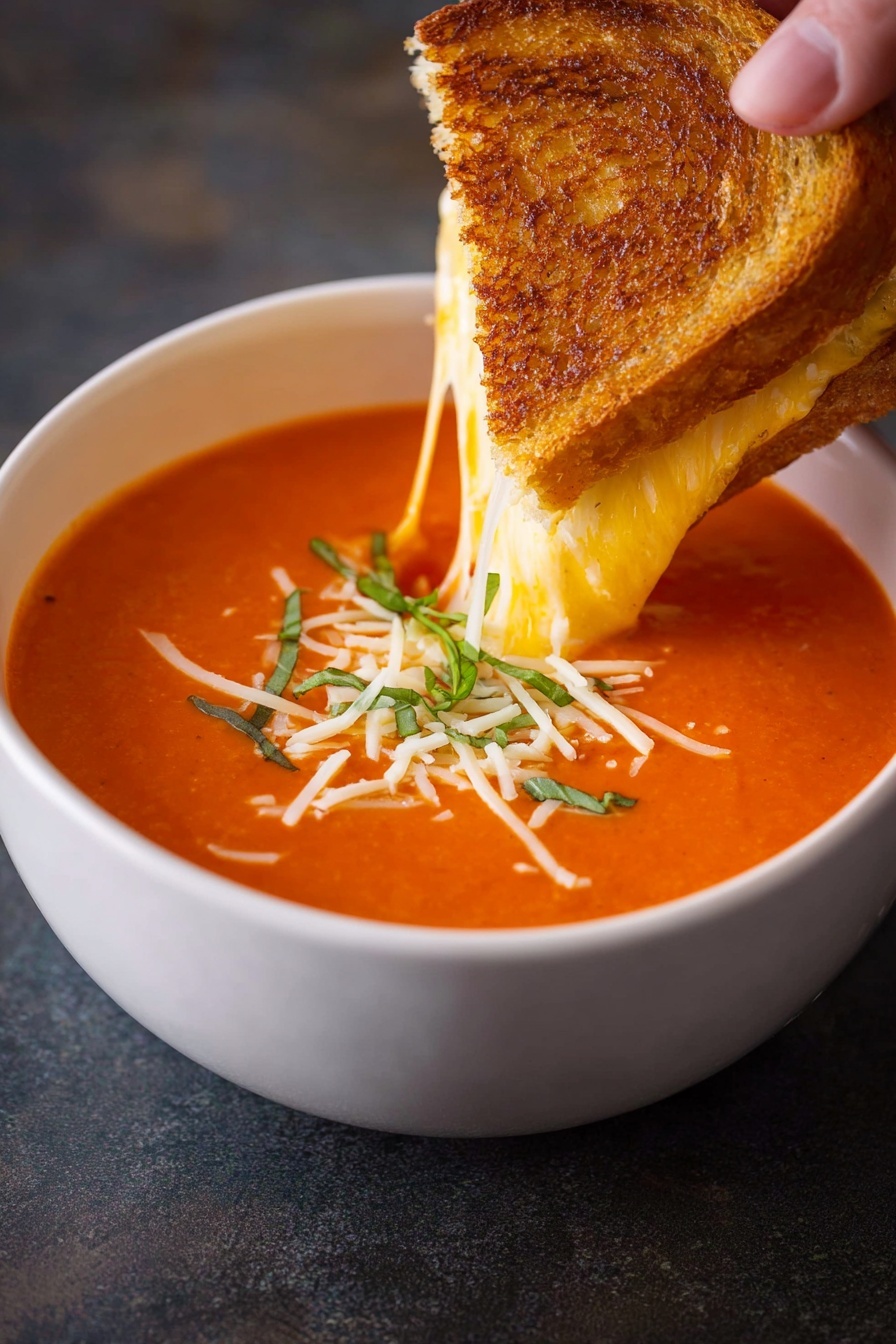 A white bowl filled with smooth, bright orange tomato soup topped with shredded white and light yellow cheese and thin strips of green basil. A golden brown toasted sandwich with melted cheese inside is being dipped into the soup by a woman's hand, showing stretchy white melted cheese pulling between the sandwich and soup. The background has a soft, dark surface that contrasts with the bright colors of the soup and sandwich. photo taken with an iphone --ar 2:3 --v 7 - Creamy Tomato Soup with Basil, easy tomato basil soup, homemade tomato soup, comforting tomato soup recipe, velvety tomato basil soup