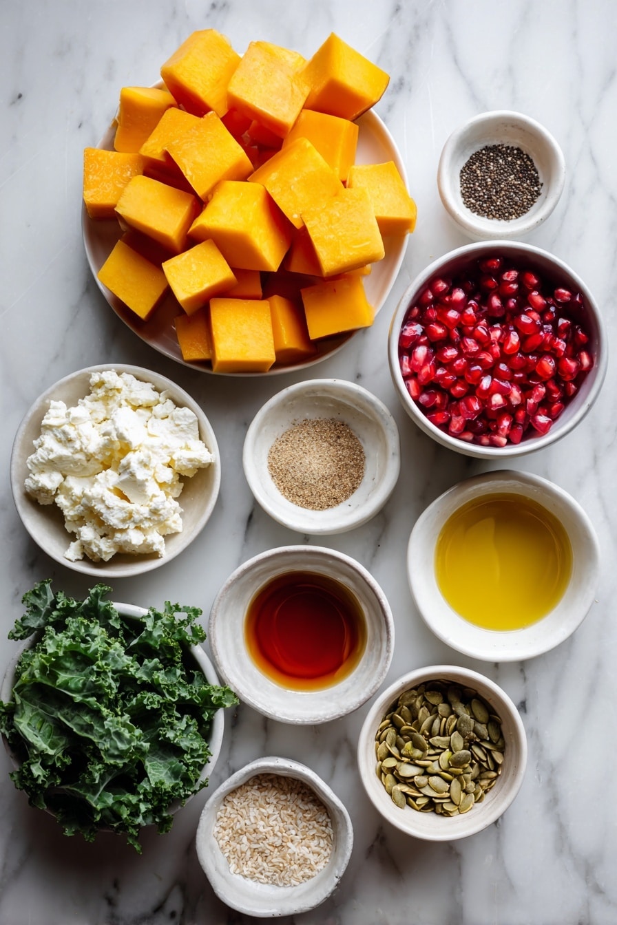 Flat lay of a small pile of cubed butternut squash, a medium red apple sliced into chunks, a handful of baby kale leaves, a small white ceramic bowl of ruby red pomegranate seeds, a small white ceramic bowl of crumbled white feta cheese, a small white ceramic bowl of toasted pepitas, two whole brown eggs with clean shells, a small white ceramic bowl with golden olive oil, a small white ceramic bowl with amber apple cider vinegar, and a small white ceramic bowl holding grainy Dijon mustard, small white ceramic bowls containing light brown Italian seasoning, fine white garlic powder, coarse white salt, and black peppercorns placed symmetrically on a clean white marble surface, soft natural light, photo taken with an iPhone, professional food photography style, fresh ingredients, white ceramic bowls, no bottles, no duplicates, no utensils, no packaging --ar 2:3 --v 7 --p m7354615311229779997 - Fall Roasted Butternut Squash Salad, roasted butternut squash salad, seasonal fall salad, healthy roasted vegetable salad, easy autumn salad