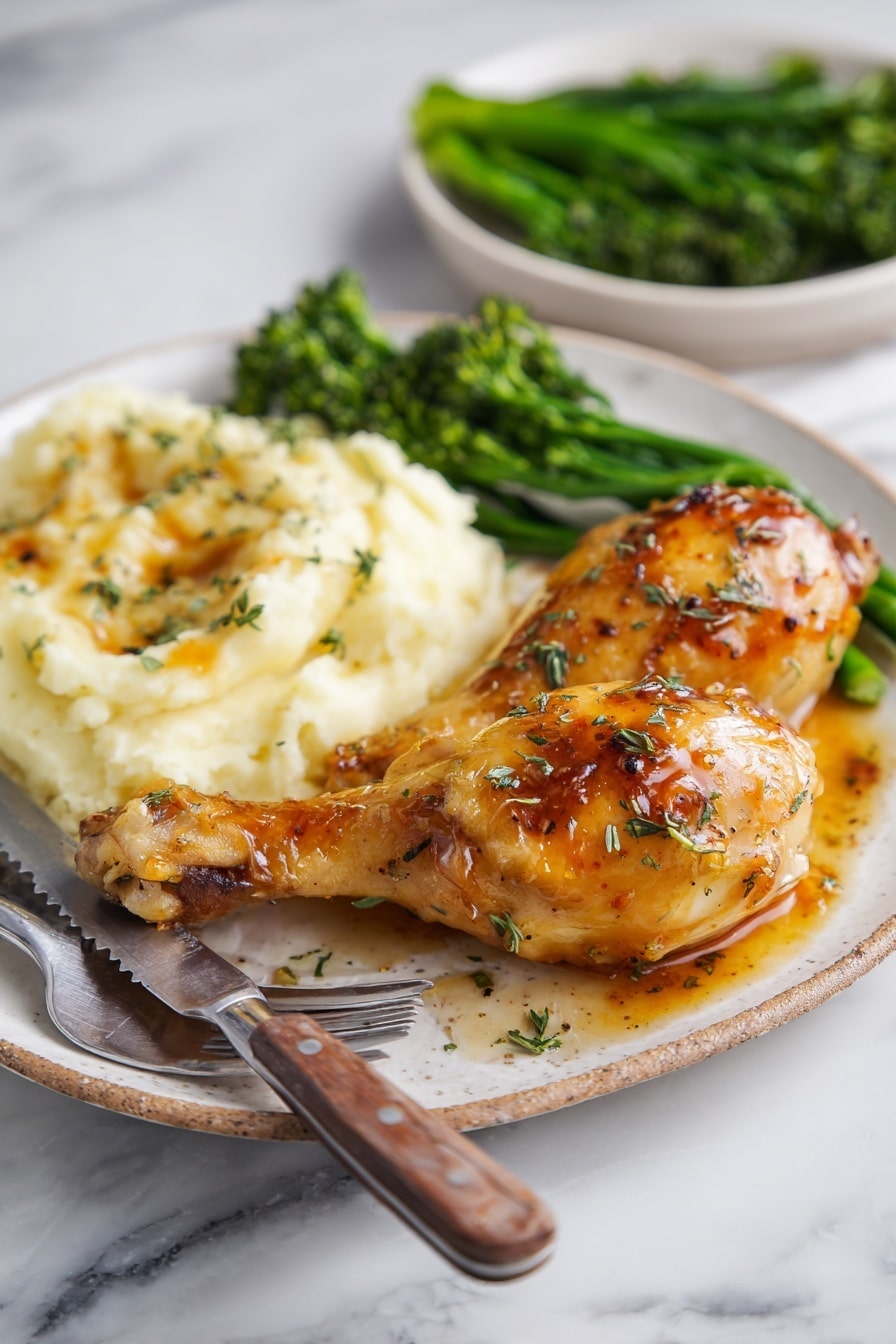 On a white plate with a light rustic edge, there are two golden-brown glazed chicken drumsticks placed in the center right, covered with a shiny sauce speckled with herbs and pepper. To the left, there are pieces of creamy mashed potatoes with a slightly browned, crispy top, one piece partially broken showing the soft inside. In the background, bright green cooked broccolini adds color and texture, with a few herbs sprinkled over the chicken. In the foreground, a serrated knife and a fork rest on the plate next to the mashed potatoes, all set on a white marbled surface. photo taken with an iphone --ar 2:3 --v 7 - Honey Mustard Baked Chicken Drumsticks, baked chicken drumsticks recipes, easy chicken drumstick ideas, weeknight chicken dinner, flavorful baked chicken