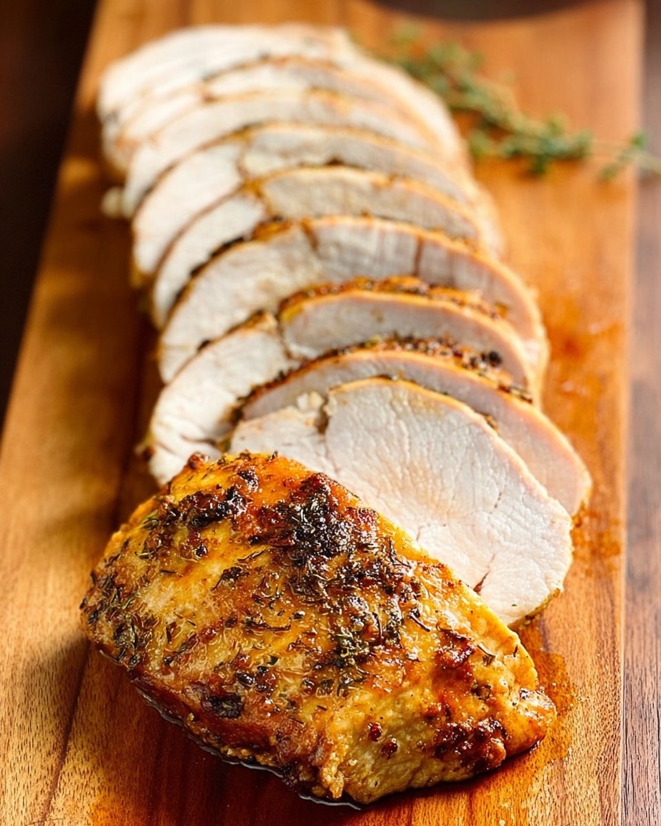 The image shows a wooden board with several slices of cooked, white meat layered closely in a line, each slice featuring a light brown edge and tender, juicy texture inside. At the front, a single piece of golden-brown meat with a crispy, herb-covered skin rests, contrasting with the smooth, pale slices behind it. The wooden board has a warm tone that highlights the meat’s color and texture. photo taken with an iphone --ar 4:5 --v 7
