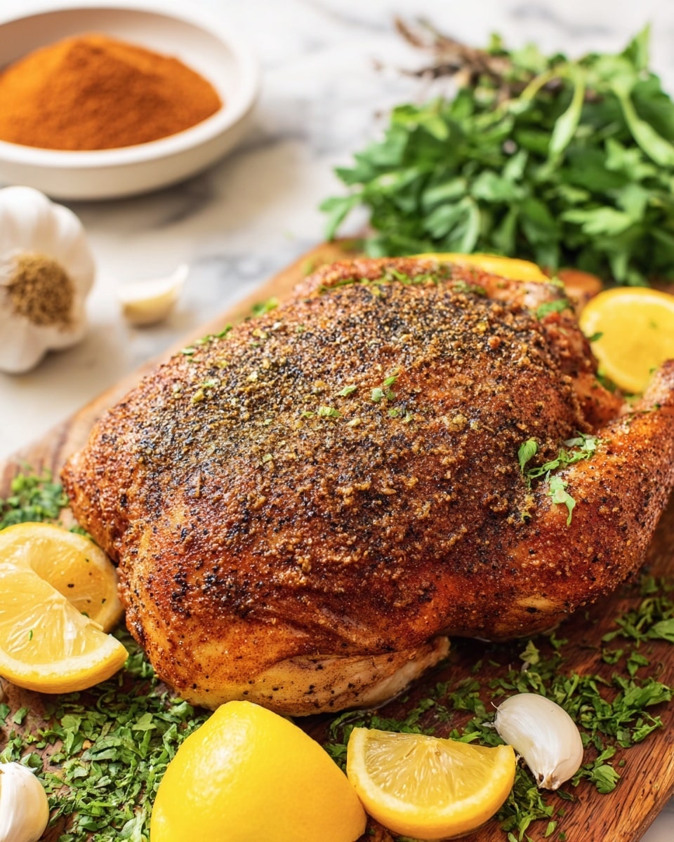 A well-seasoned cooked chicken piece with a crispy brown skin covered in black pepper and green herbs sits in the center on a wooden cutting board. Around it, there are green leafy herbs and bright yellow lemon slices placed randomly, adding fresh colors. Behind the chicken, there is a white bowl filled with a reddish-brown powdery spice, and some garlic cloves rest near the herbs. The scene is set on a white marbled surface. photo taken with an iphone --ar 4:5 --v 7
