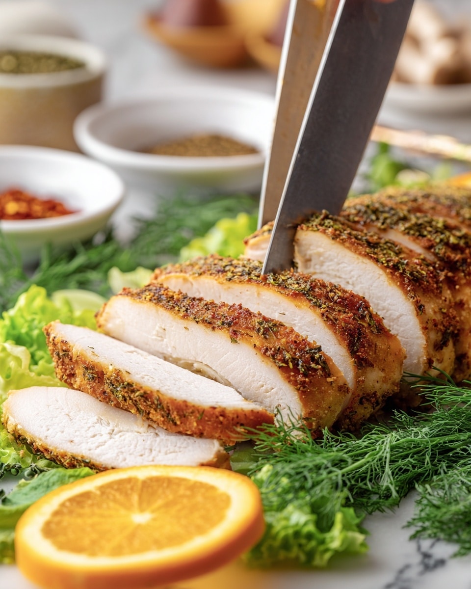 A close-up image of a sliced seasoned chicken piece with a golden brown crust on the outside and juicy white inside. The chicken is cut into multiple layers, each showing a smooth, white texture with sprinkled herbs on the surface. The slices rest on a bed of fresh green dill and lettuce leaves. In the foreground, half of a bright orange slice adds a pop of color. A woman's hand is holding a knife and chopsticks, lifting one slice. In the background, white bowls containing spices and sauces are softly blurred, all set on a white marbled surface. Photo taken with an iphone --ar 4:5 --v 7