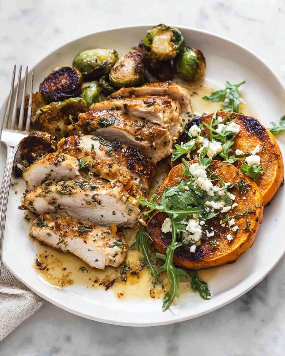 A white plate on a white marbled surface holds three slices of golden-brown roasted chicken on the left, seasoned with herbs and slightly crispy skin. Above the chicken, there are several roasted Brussels sprouts that are browned and slightly charred. On the right side of the plate, there are thick, roasted sweet potato rounds in a rich orange color, topped with crumbled white cheese and green arugula leaves. A silver fork rests on the top left edge of the plate. The dish is drizzled with a light, glossy sauce that pools slightly on the plate. Photo taken with an iphone --ar 4:5 --v 7
