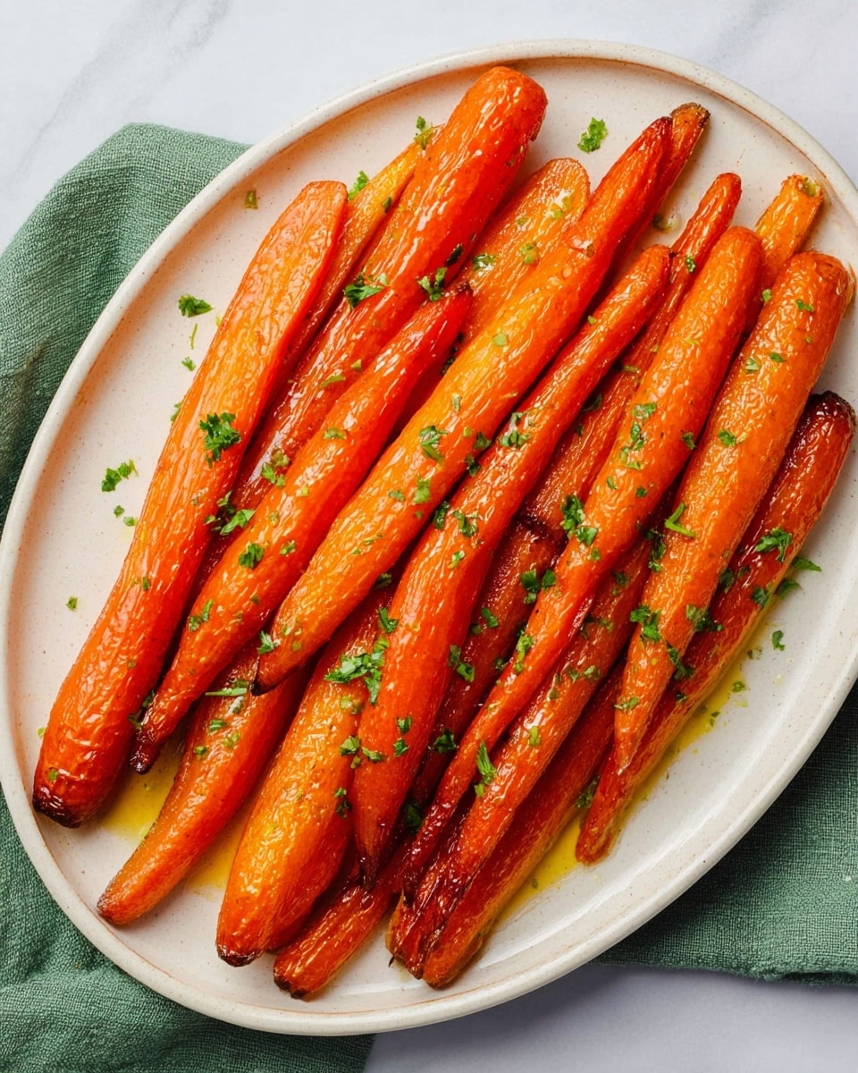 A round white plate holds a single layer of shiny roasted carrots, arranged side by side in the same direction. Each carrot is a deep orange color, with a glossy texture showing slight charred spots at the tips and edges. Small green parsley flakes are sprinkled evenly across the carrots, adding a touch of color contrast. The plate rests on a white marbled surface, and a part of a green cloth is visible at the top left corner. photo taken with an iphone --ar 4:5 --v 7
