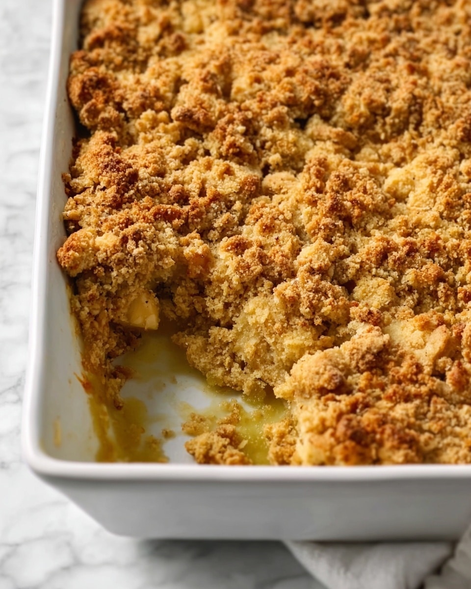A close-up view of a white rectangular baking dish filled with a golden brown crumbly topping that is crunchy and uneven, covering a greenish-yellow layer beneath. The topping has a rough texture with small browned bits, and a scoop has been taken out from one corner, showing the thick, soft interior with visible small chunks inside. The dish rests on a white marbled surface with soft, natural lighting. Photo taken with an iphone --ar 4:5 --v 7