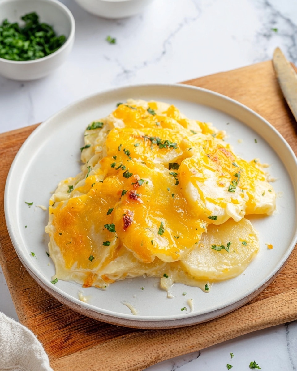 A white round plate holds a serving of scalloped potatoes with three visible layers of thin, creamy white potato slices covered by a smooth, light yellow cheese sauce and melted cheddar cheese on top. The melted cheddar is bright yellow-orange with some browned spots and small green parsley bits scattered over the surface. The plate is on a wooden cutting board with a white marbled surface under it, and a white bowl with chopped herbs is partly visible in the background. photo taken with an iphone --ar 4:5 --v 7