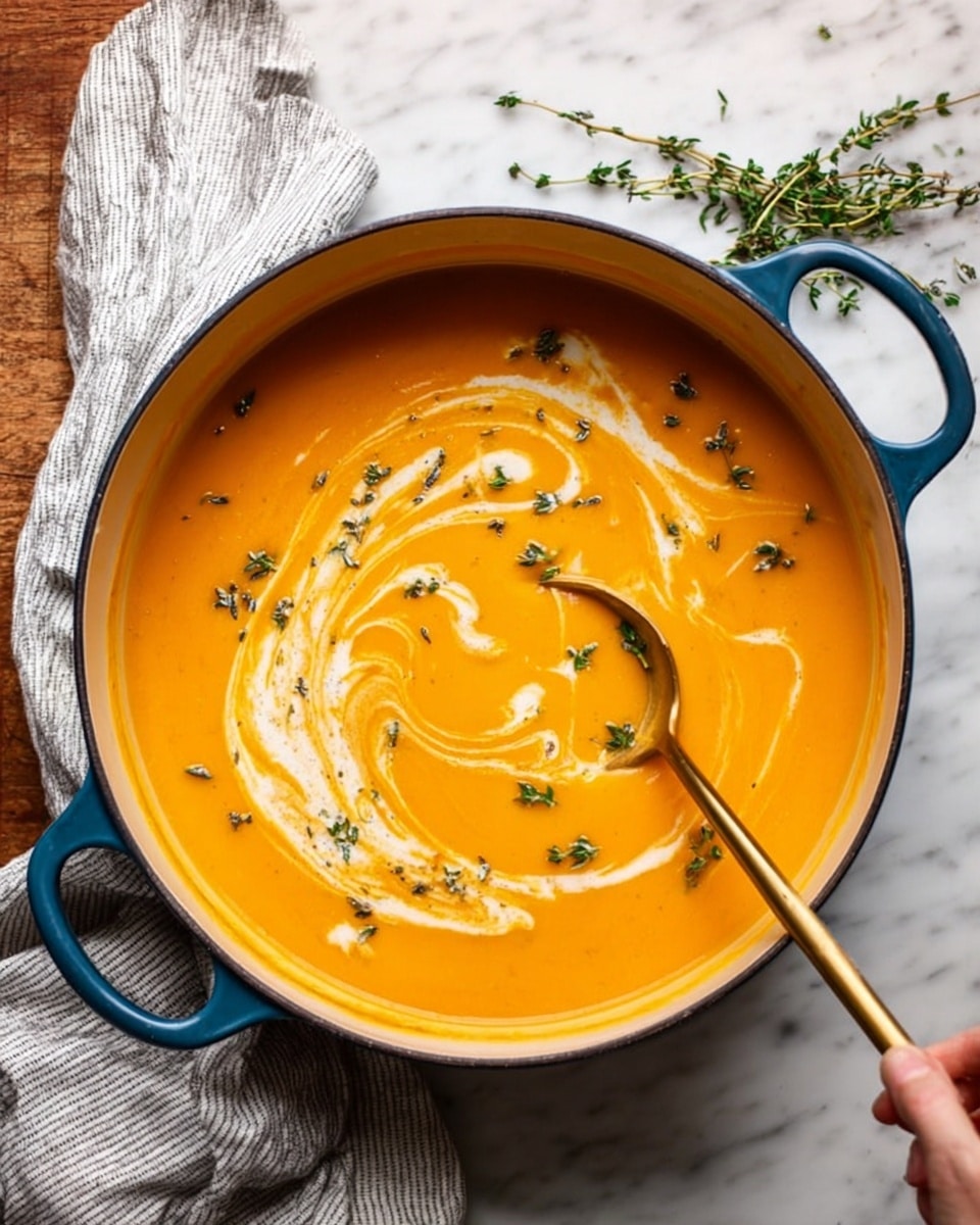 A round blue pot filled with smooth bright orange soup sits on a white marbled surface with visible wooden texture underneath. The soup has swirls of cream spread across the top in a loose spiral pattern, and small green thyme leaves are scattered on the surface. A long golden spoon is resting inside the pot, dipping into the soup, and a woman's hand holding the spoon is partly visible. A light gray striped cloth is placed next to the pot with sprigs of thyme lying beside it. Photo taken with an iphone --ar 4:5 --v 7