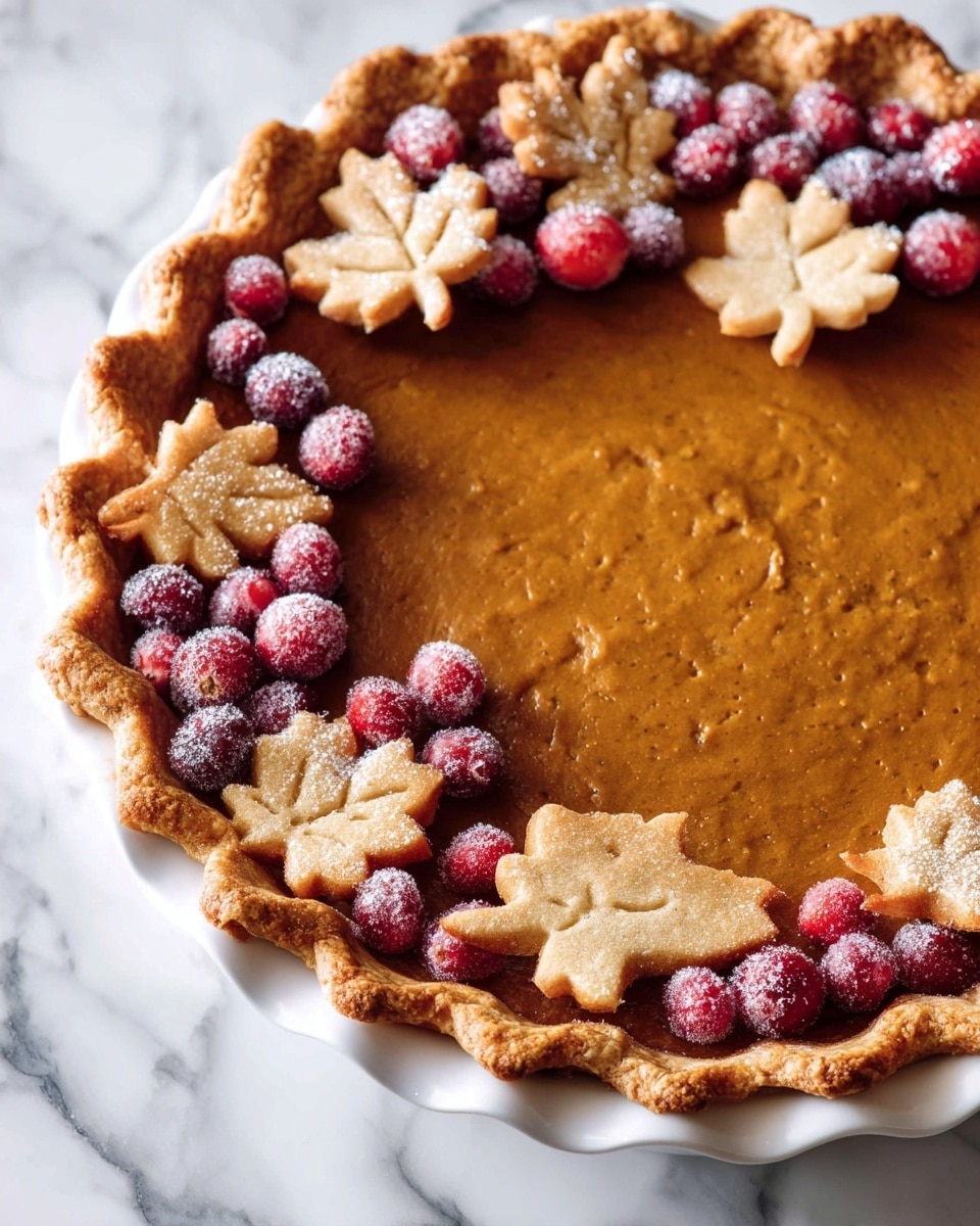 A pumpkin pie is shown in a white dish on a white marbled surface. The pie has one smooth, orange-brown filling layer. Around the edge, there is a golden brown crust decorated with cut-out dough shapes of leaves in different sizes=