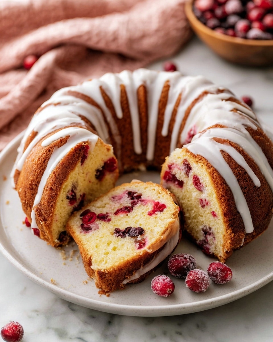 A round bundt cake sits on a white plate over a white marbled surface. The cake has a golden-brown outer layer with white icing drizzled in vertical stripes from the top center to the edges. Inside, the cake is light yellow with many red cranberries scattered throughout. Two slices are cut and slightly pulled out to reveal the inside, and a few loose cranberries rest on the plate beside the cake. The background is softly blurred with a light pink cloth and a bowl of cranberries visible. Photo taken with an iphone --ar 4:5 --v 7
