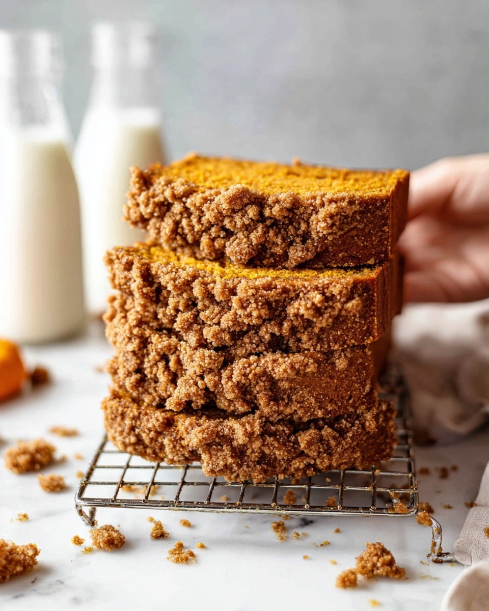 The image shows four slices of a brown cake lined up diagonally on a white marbled surface. Each slice has a light crumbly layer around the edges that looks rough and textured, contrasting with the smooth, dense inside of the cake. The cake’s inside is a deep amber brown color, with tiny air holes scattered through it. At the top right, part of the remaining cake is visible, resting on a black cooling rack. Some crumbs are scattered around the slices on the white marbled surface, adding to the texture of the scene. Photo taken with an iphone --ar 4:5 --v 7