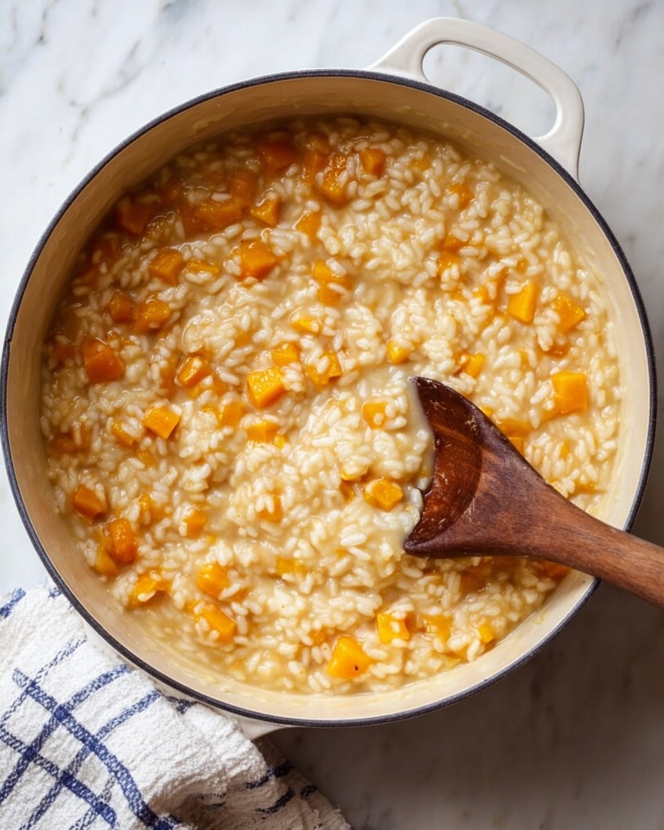 A white pot filled with thick risotto showing creamy rice mixed with small bright orange pumpkin cubes evenly spread throughout. The risotto has a smooth and slightly glossy texture with visible grains of rice swollen from cooking. A wooden spoon rests in the pot, partially lifted with some risotto on it, stirring the mixture. The pot sits on a white marbled surface next to a white and blue checked cloth. Photo taken with an iphone --ar 4:5 --v 7