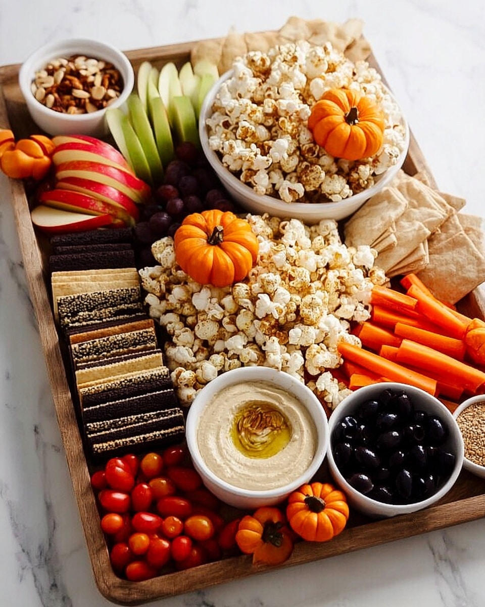 A large wooden tray filled with many colorful snacks arranged in groups. In the center, there are two small orange pumpkins on top of a big pile of light caramel popcorn. Around these, from left to right, there are red and green apple slices fanned out; a white bowl with creamy dip topped with small brown bits; round crackers and sesame snacks; a row of striped dark orange and black cookies; a small white bowl of mixed nuts; a pile of white popcorn; cherry tomatoes next to bright orange carrot sticks; black olives; a white bowl of creamy hummus with a drizzle of olive oil; and light beige pita bread triangles. Small pumpkin-shaped candies are placed near the edges. All these sit on a white marbled surface. photo taken with an iphone --ar 4:5 --v 7