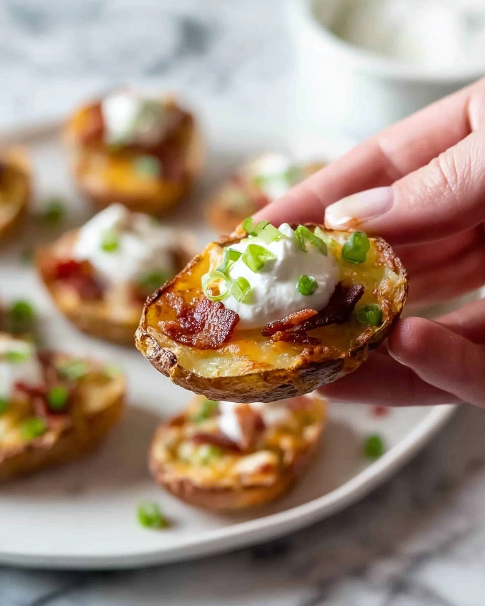 A close-up of a golden brown, small potato half on a white plate, topped with melted light yellow cheese, small pieces of crispy brown bacon, chopped green onion, and a dollop of white sour cream in the center; the potato has a crispy, browned edge and slightly rough texture; a woman's hand is holding the potato half, with more similar potato halves blurred on the white plate in the background, all set on a white marbled surface; photo taken with an iphone --ar 4:5 --v 7