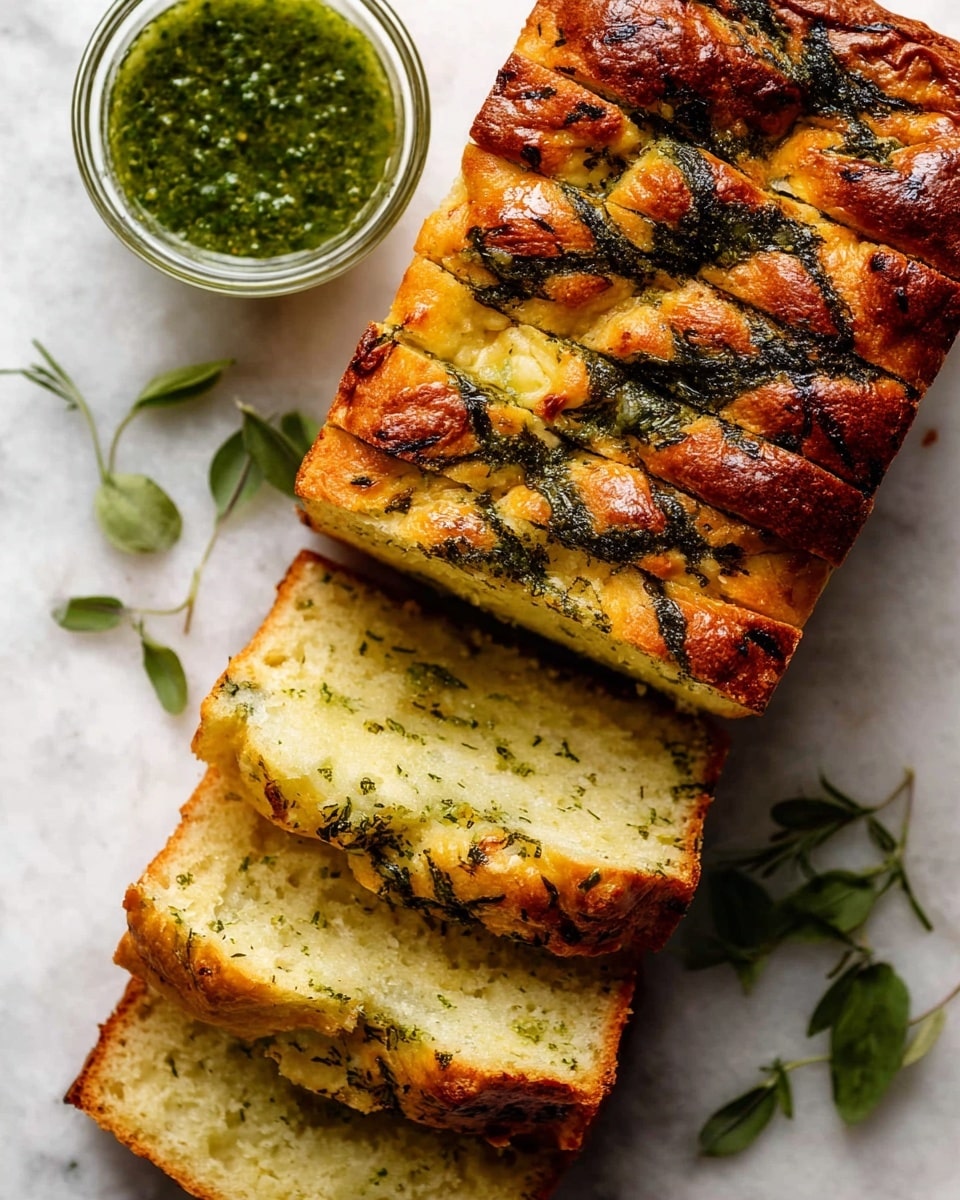 A baked loaf with alternating vertical stripes of golden brown cheesy crust and green herb layers, creating a textured pattern on the top, sits in a metal baking tray lined with white parchment paper. The golden brown areas show melted cheese with a slightly crisp surface, while the green stripes appear to be a mix of chopped herbs, adding color contrast. A fresh rosemary sprig lies in front of the loaf. The background is a white marbled surface with a soft focus, and a striped cloth is partially visible on the side. Photo taken with an iphone --ar 4:5 --v 7