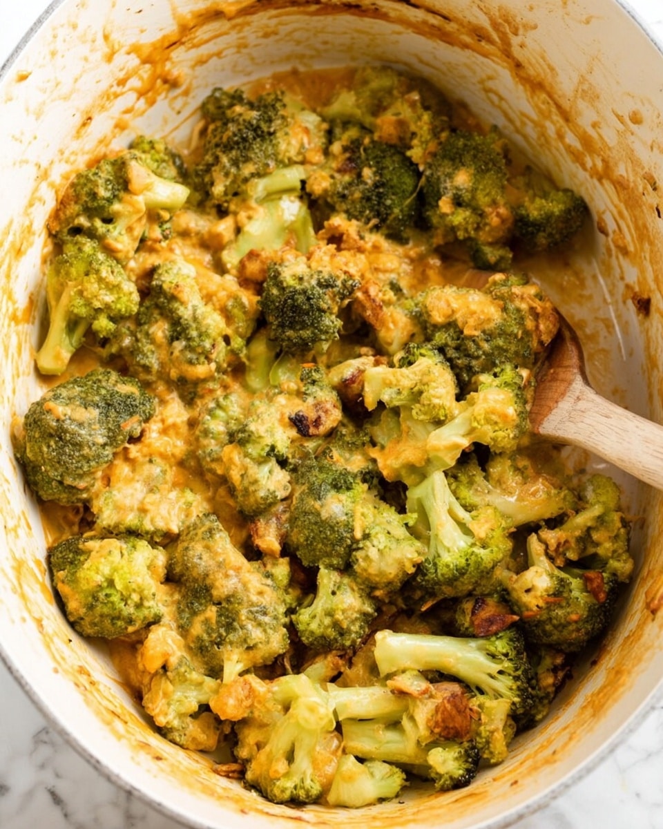 A close-up of a silver fork holding a small piece of cooked broccoli with bits of light orange shrimp and melted light yellow cheese. Below, a white plate holds a pile of similar broccoli pieces mixed with shrimp and cheese. The background shows a white marbled surface with some green garnish and a white bowl filled with more broccoli and shrimp in a soft focus. Photo taken with an iphone --ar 4:5 --v 7