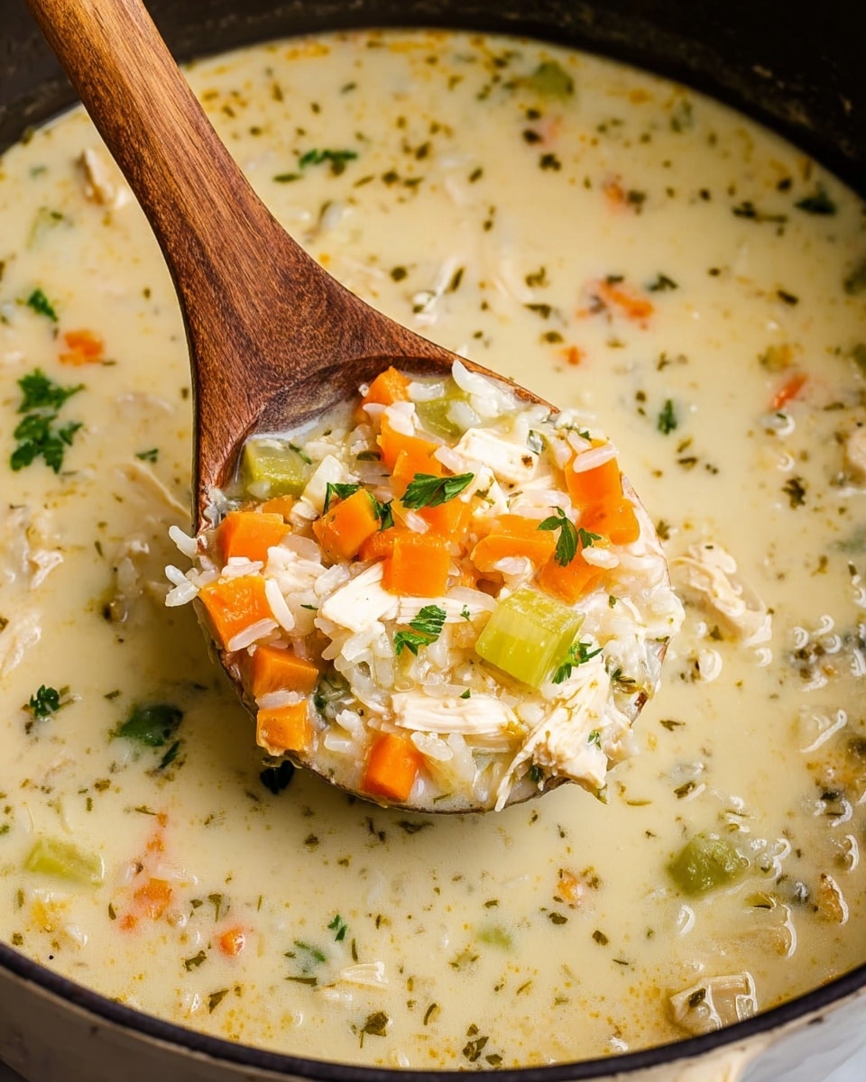 The image shows a close-up of creamy soup in a pot with a wooden spoon scooping a mix of ingredients. The soup base is light yellow with a smooth, slightly chunky texture and small green herb bits scattered throughout. The spoon holds a portion featuring layers of diced orange carrots, pale white rice, light green celery, small white pieces of chicken, and green parsley leaves. The soup looks warm and comforting against a white marbled surface background. Photo taken with an iphone --ar 4:5 --v 7