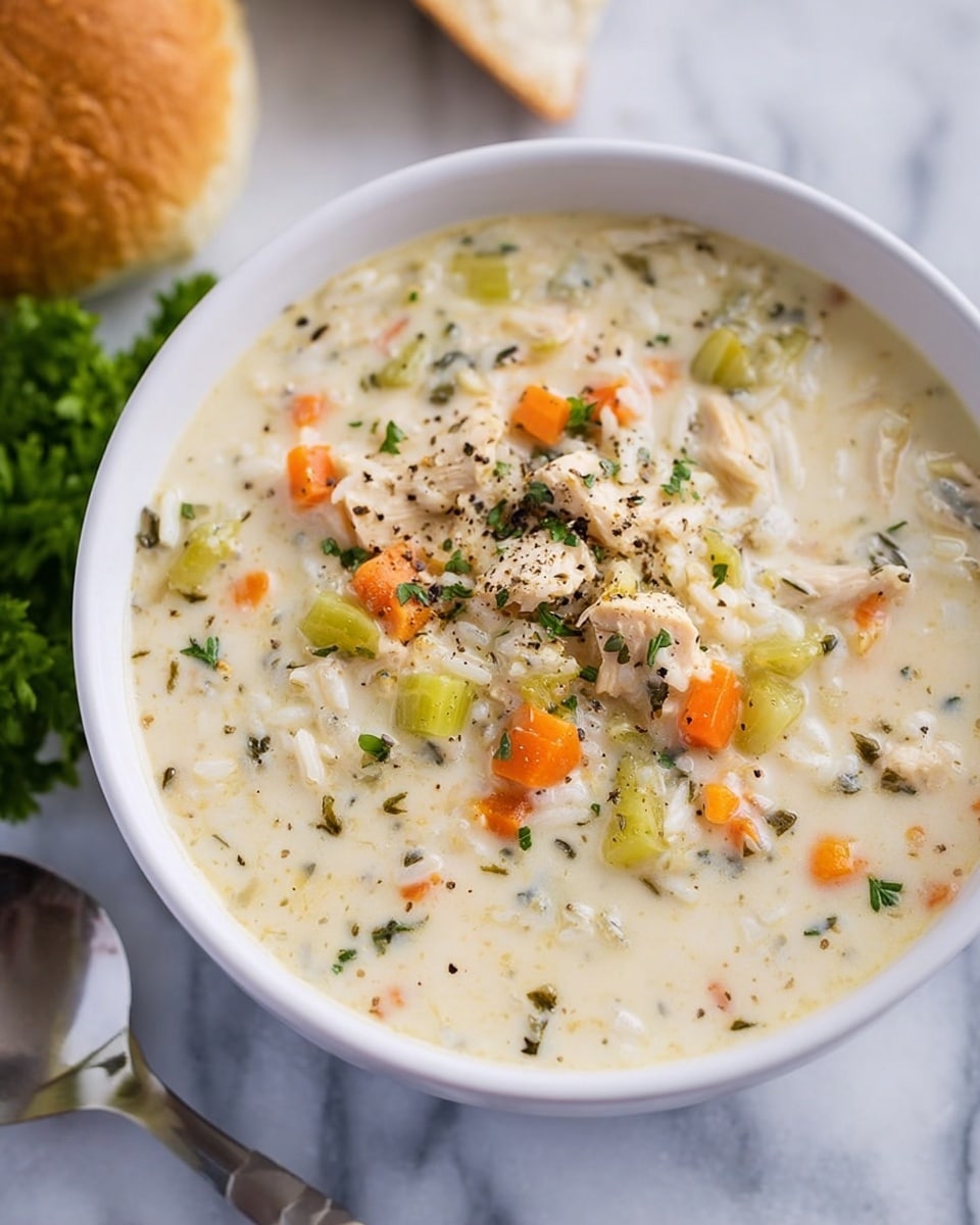 The dish shows a white bowl filled with creamy soup, layered with small chunks of orange carrots, green celery, and off-white chicken pieces mixed with white rice and herbs. The soup has a thick, smooth texture with visible specks of black pepper sprinkled on top. The bowl is placed on a white marbled surface with green parsley beside it and a round bread roll in the background. Photo taken with an iphone --ar 4:5 --v 7