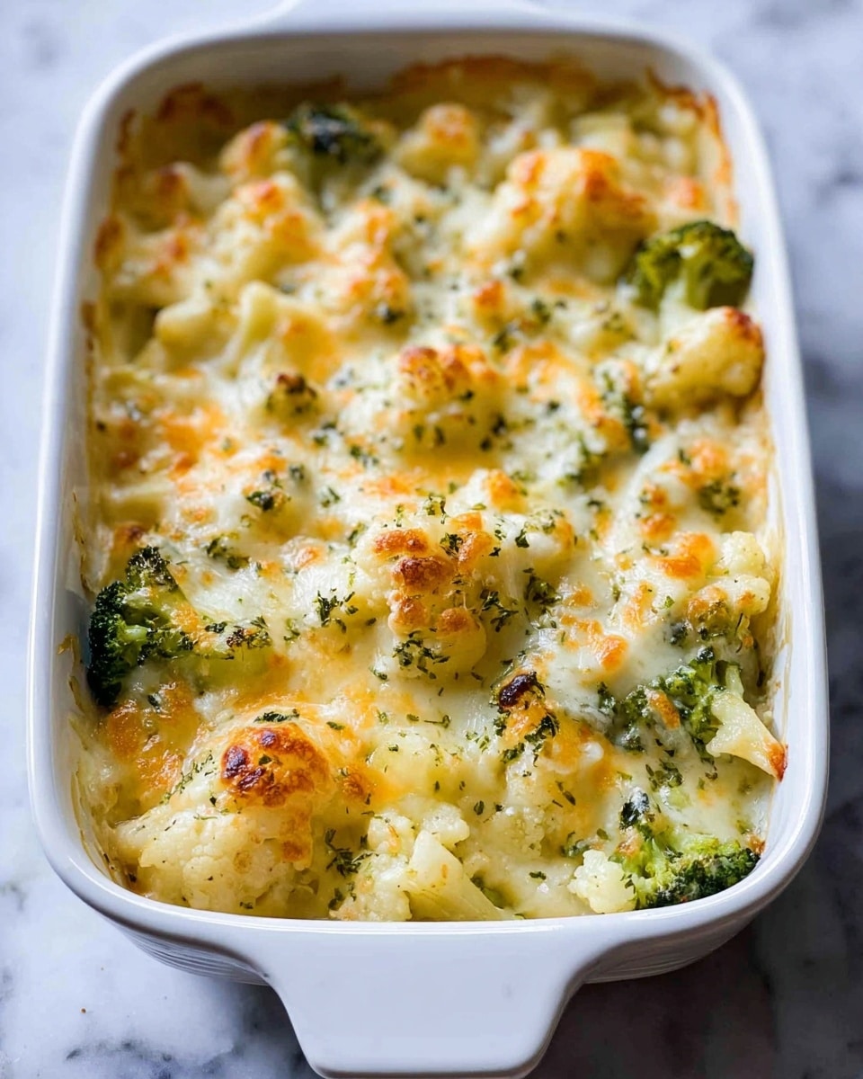 The image shows a white rectangular baking dish filled with a baked casserole that has several layers visible on the surface. The top layer is melted cheese that is golden-yellow and slightly browned in spots, with small bubbles and a shiny, creamy texture. Underneath, there are pieces of cooked cauliflower and broccoli, visible by their white and green colors and slightly soft texture. Small green herbs or seasoning are sprinkled evenly over the top, adding texture and color contrast. The dish sits on a white marbled surface. photo taken with an iphone --ar 4:5 --v 7