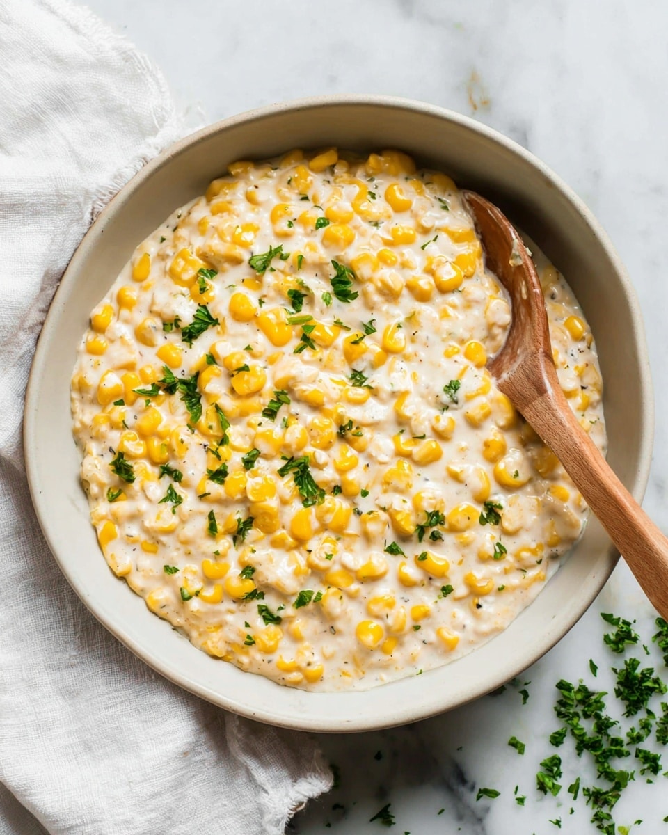 A white bowl filled with creamy corn, showing two main layers: a thick white creamy base mixed with bright yellow corn kernels evenly spread throughout. Small green parsley pieces are scattered on top of the corn mixture for a fresh touch. A wooden spoon rests inside the bowl, placed on the right side with its handle pointing outwards. The bowl sits on a white marbled surface with a white cloth nearby that has bits of green parsley on it. photo taken with an iphone --ar 4:5 --v 7