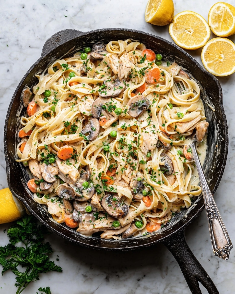 The image shows a skillet filled with creamy pasta made of wide flat noodles, with three visible layers: at the base is a creamy white sauce, on top of it a mix of cooked carrots sliced in rounds with ridges, whole and sliced brown mushrooms, and green peas, and the top layer has pieces of light-colored cooked chicken scattered evenly. The dish is sprinkled with chopped fresh green herbs. The skillet is black and placed on a white marbled surface. photo taken with an iphone --ar 4:5 --v 7