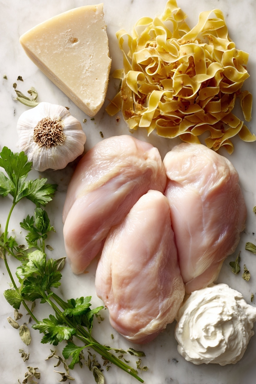 Flat lay of fresh raw chicken breasts with smooth pale pink skin, whole garlic cloves with papery white skins and smooth cloves peeking out, a wedge of creamy pale yellow Parmesan cheese with a textured rind, a small bunch of bright green fresh parsley leaves, a heap of golden uncooked pasta strands, and a small mound of white Greek yogurt with a thick creamy texture, all beautifully arranged with some scattered dried oregano leaves showing earthy green hues, placed on white marbled surface, photo taken with an iphone --ar 2:3 --v 7 - Healthy Chicken Alfredo Greek Yogurt, Healthy Chicken Alfredo, Greek Yogurt Alfredo, Light Chicken Alfredo Recipe, Healthy Pasta with Greek Yogurt