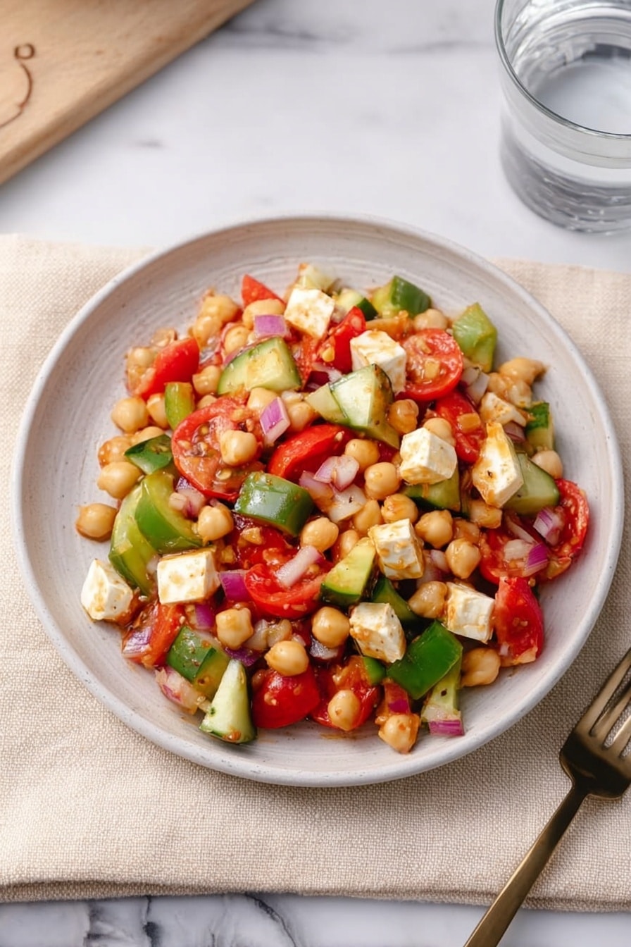 A white round plate filled with a colorful salad made of three main layers: the base layer is small white beans and chickpeas, scattered throughout; mixed in the middle layer are chunky pieces of fresh green bell pepper, sliced cucumbers, and juicy red cherry tomatoes cut in halves and quarters; the top layer contains soft cream-colored cheese cubes and small chopped pieces of red onion, all tossed lightly in a glossy orange-colored dressing. The plate sits on a pale beige cloth on a white marbled surface with a clear glass of water and a fork on the right side. photo taken with an iphone --ar 2:3 --v 7 - Dense Bean Salad with Sun-Dried Tomato Vinaigrette, hearty bean salad, healthy veggie salad, protein-packed salads, flavorful sun-dried tomato salad