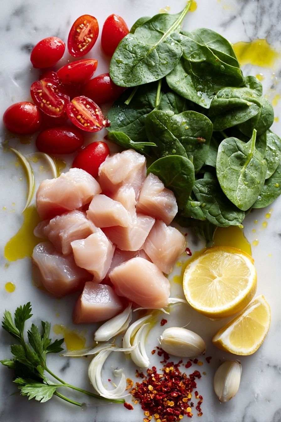 Flat lay of fresh boneless skinless chicken breasts sliced into cubes with smooth pale pink flesh, vibrant red cherry tomatoes halved to reveal juicy interiors, bright green baby spinach leaves with crisp texture, thinly sliced garlic cloves showing creamy white layers, fresh parsley sprigs with deep green delicate leaves, a halved bright yellow lemon with shiny peel and juicy pulp, and small piles of crushed red pepper flakes with vivid red and orange tones, all arranged naturally with a splash of golden olive oil droplets glistening subtly, placed on white marbled surface, photo taken with an iphone --ar 2:3 --v 7 - Creamy Lemon Garlic Chicken Scampi, lemon garlic chicken with spinach and cherry tomatoes, easy chicken and veggie pasta, quick lemon garlic chicken dinner, flavorful chicken scampi dish