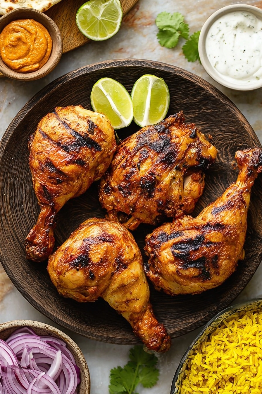 There is a round black plate with four grilled chicken leg quarters on it. The chicken pieces are golden brown with some dark grill marks and a slightly shiny texture, showing they are cooked well. On the plate, next to the chicken, are three lime wedges, light green with juicy white edges. Around the plate, on the white marbled surface, are thin purple onion rings, some green cilantro leaves, half a lime, and two small white bowls—one with orange-colored chutney and the other with white sauce. In the bottom right corner, part of a white bowl filled with bright yellow rice with black mustard seeds is visible. Photo taken with an iphone --ar 2:3 --v 7 - Authentic Tandoori Chicken, Indian Tandoori Chicken, Spicy Tandoori Chicken, Homemade Tandoori Chicken, Tandoori Chicken Marinade
