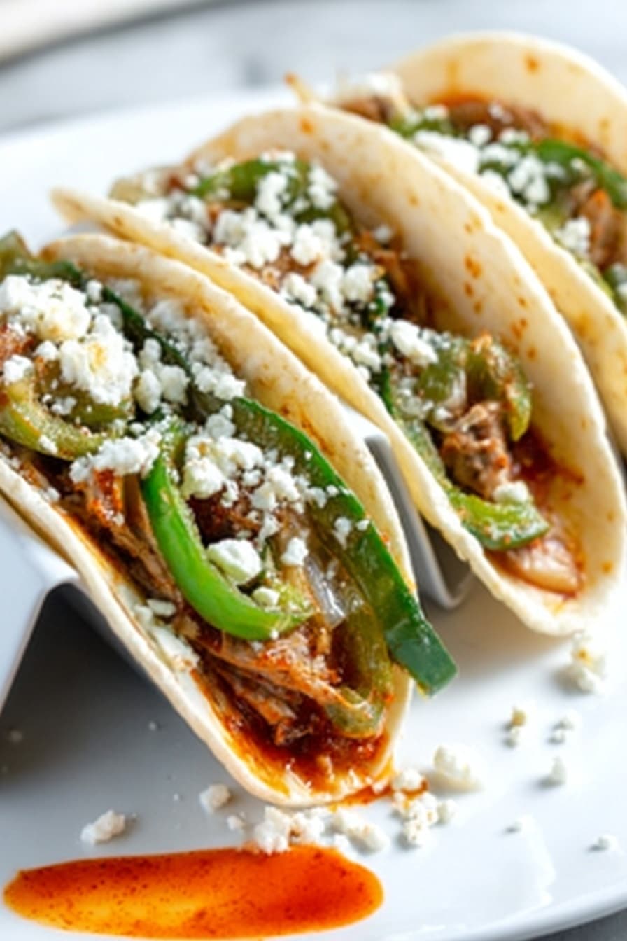 Three soft tortillas stand upright in a white taco holder on a white marbled surface. Each tortilla holds layers of cooked meat pieces that are brown and tender, mixed with bright green sliced peppers and onions cooked to a light golden color. The tacos are topped with white crumbly cheese scattered lightly over the filling. A small spot of reddish-orange sauce sits on the plate in front of the tacos, adding a pop of color. The image is clear and bright, showing the textures of the warm tortillas and fresh toppings. Photo taken with an iphone --ar 2:3 --v 7 - Chicken Fajita Tacos, Delicious Fajita Tacos Recipe, Easy Chicken Fajitas, Quick Dinner Ideas, Flavorful Mexican Tacos