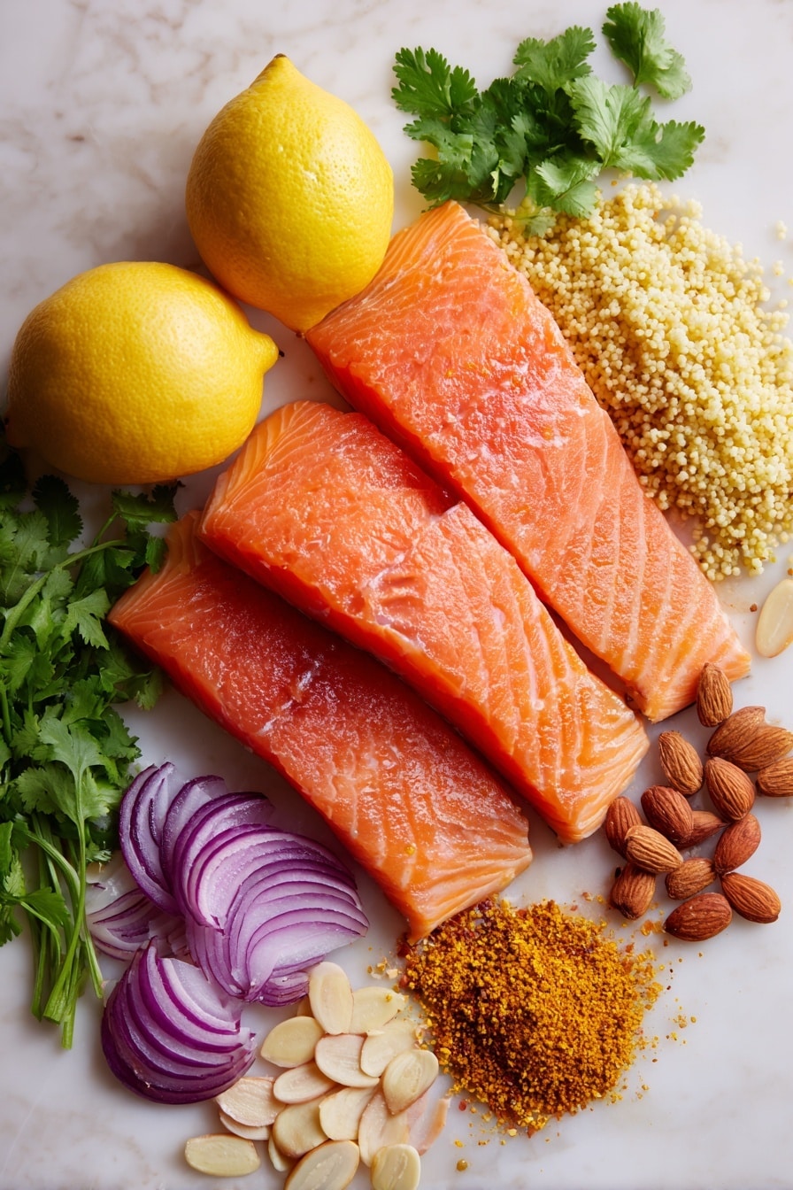 Flat lay of fresh pink salmon fillets with smooth skin, bright yellow lemons whole and halved showing juicy flesh, thinly sliced purple shallots arranged in half moons, vibrant green cilantro leaves roughly chopped, glossy golden raisins scattered around, pale beige sliced almonds with a smooth texture, and a small pile of warm brown ras el hanout spice powder with a fine texture, placed on white marbled surface, photo taken with an iphone --ar 2:3 --v 7 - Moroccan-Spiced Salmon with Citrus Couscous, Moroccan salmon recipe, quick salmon dinner, citrus couscous recipe, flavorful weeknight salmon