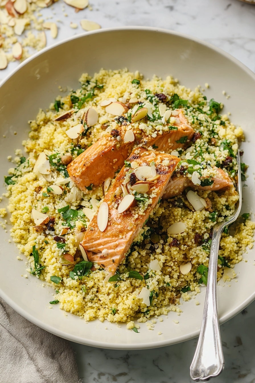 A white plate holds a bed of light yellow couscous mixed with small green herb pieces, dark raisins, and thin white almond slices scattered on top. On the couscous lies a thick, golden-brown cooked salmon piece with a slightly flaky texture, partly broken to show its soft, pink inside. A silver fork is partially visible on the right side of the plate. The plate is placed on a white marbled surface with some couscous and almonds scattered around. Photo taken with an iphone --ar 2:3 --v 7 - Moroccan-Spiced Salmon with Citrus Couscous, Moroccan salmon recipe, quick salmon dinner, citrus couscous recipe, flavorful weeknight salmon