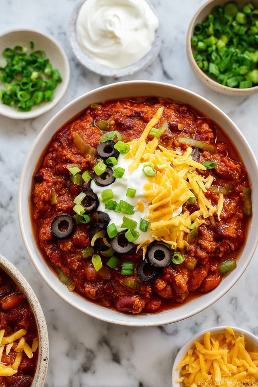 A white bowl sits on a white marbled surface, filled with a thick layer of reddish-brown chili that has visible beans and small vegetable chunks. On top, there is a layer of white sour cream, covered with bright yellow shredded cheese, sliced black olives, and chopped green onions scattered across. Surrounding the bowl are small white bowls with extra shredded cheese, green onions, and sour cream, adding to the colorful presentation. The texture looks rich and hearty, with fresh, vibrant toppings. Photo taken with an iphone --ar 2:3 --v 7 - Leftover Turkey Chili, quick turkey chili, easy leftover turkey recipes, hearty Turkey chili, 30-minute chili recipe