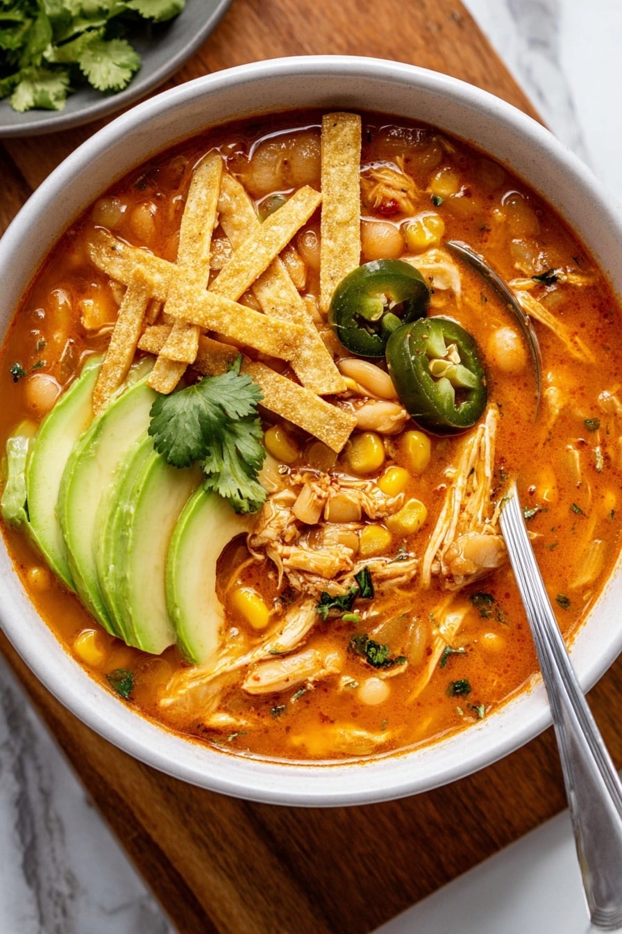 A white bowl filled with thick orange-red soup containing white beans and shredded chicken pieces, topped with three thin crispy tortilla strips placed near the top edge, two green jalapeño slices, and three light green avocado slices on the left side, along with bright green cilantro leaves near the center. The soup looks chunky with corn bits, finely chopped onions, and herbs mixed inside. A silver spoon is inside the bowl on the right, partially submerged in the soup. The bowl is set on a wooden board with a white marbled surface visible beneath it. Photo taken with an iphone --ar 2:3 --v 7 - Creamy White Bean Chicken Enchilada Soup, white bean chicken soup, healthy enchilada soup, easy chicken soup recipes, comforting winter soups