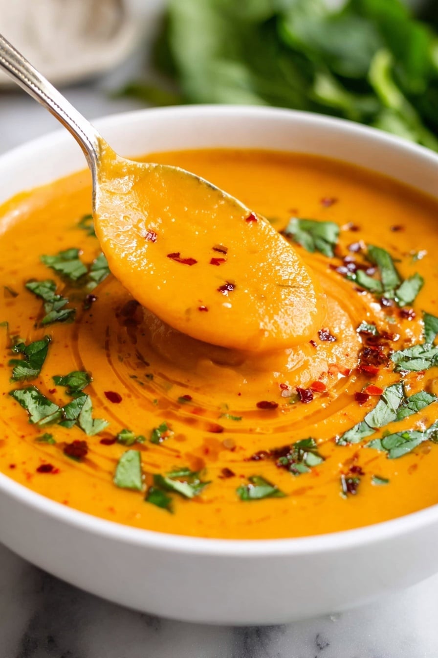 A white bowl filled with smooth orange soup, swirled gently to show a creamy texture, topped with a sprinkle of chopped green cilantro and red chili flakes that add contrast on the surface. A woman's hand is holding a spoon lifting a scoop of the soup from the middle, showing its thickness. Around the bowl, there are pieces of light brown bread, a whole yellow lemon, fresh coriander leaves, garlic cloves, and a small glass bowl with orange lentils, all set on a white marbled surface. Photo taken with an iphone --ar 2:3 --v 7 - Creamy Red Lentil Soup, hearty high-protein vegan soup, easy one-pot lentil soup, quick healthy red lentil meal, comforting plant-based soup