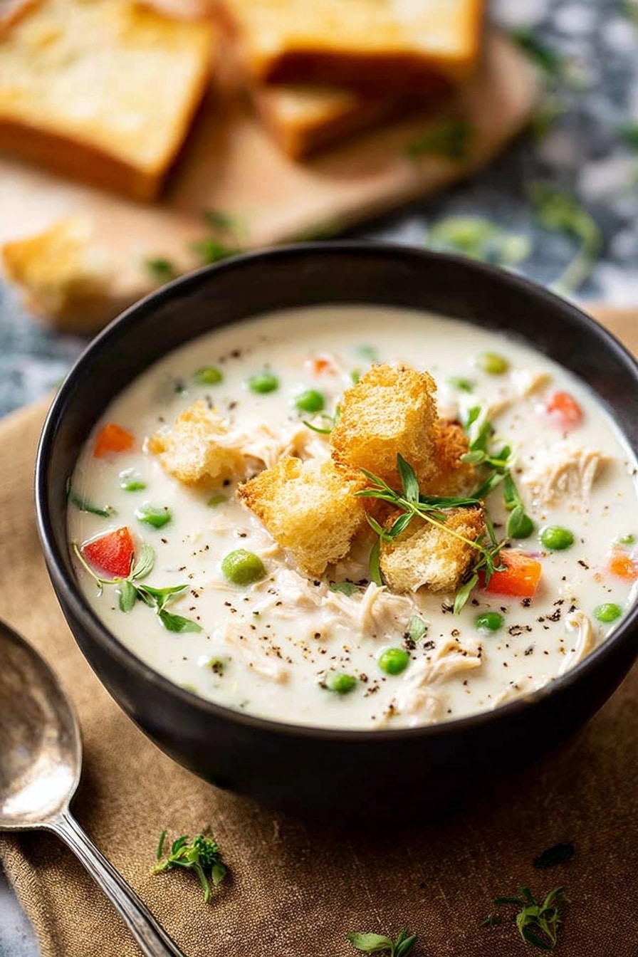 A black bowl sits on a brown textured cloth over a white marbled surface, filled with creamy white soup. The soup has visible green peas, small orange and red vegetable pieces, and white shredded pieces, possibly chicken. On top, there are golden croutons and fresh green herb sprigs scattered. A silver spoon lies to the left of the bowl, and in the blurred background, there are toasted bread triangles on a light wooden surface. photo taken with an iphone --ar 2:3 --v 7 - Homemade Cream of Chicken Soup, homemade chicken soup, creamy chicken soup recipe, healthy homemade soup, silky chicken soup