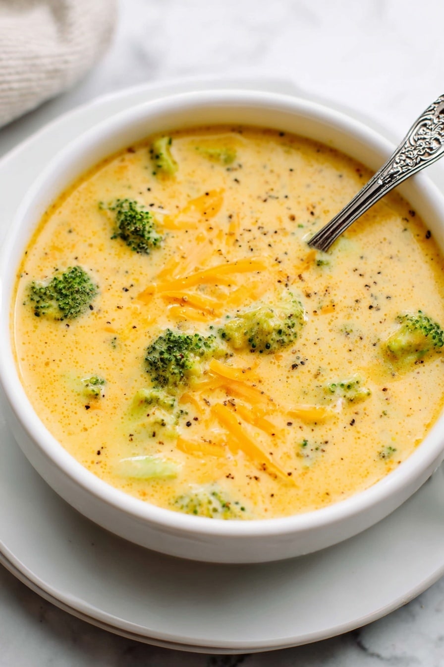 The image shows a white bowl filled with creamy, thick broccoli cheddar soup. The soup has a smooth, yellow-orange base with visible small green broccoli florets and chunks of melted cheddar cheese scattered throughout. A spoon lifting some soup reveals its rich, velvety texture along with bits of broccoli and cheese, with a small sprinkle of black pepper on top. The bowl is set on a white marbled surface. Photo taken with an iphone --ar 2:3 --v 7 - Vegan Broccoli Cheddar Soup, dairy-free broccoli cheddar soup, plant-based broccoli cheese soup, healthy vegan soup recipes, quick vegan broccoli soup