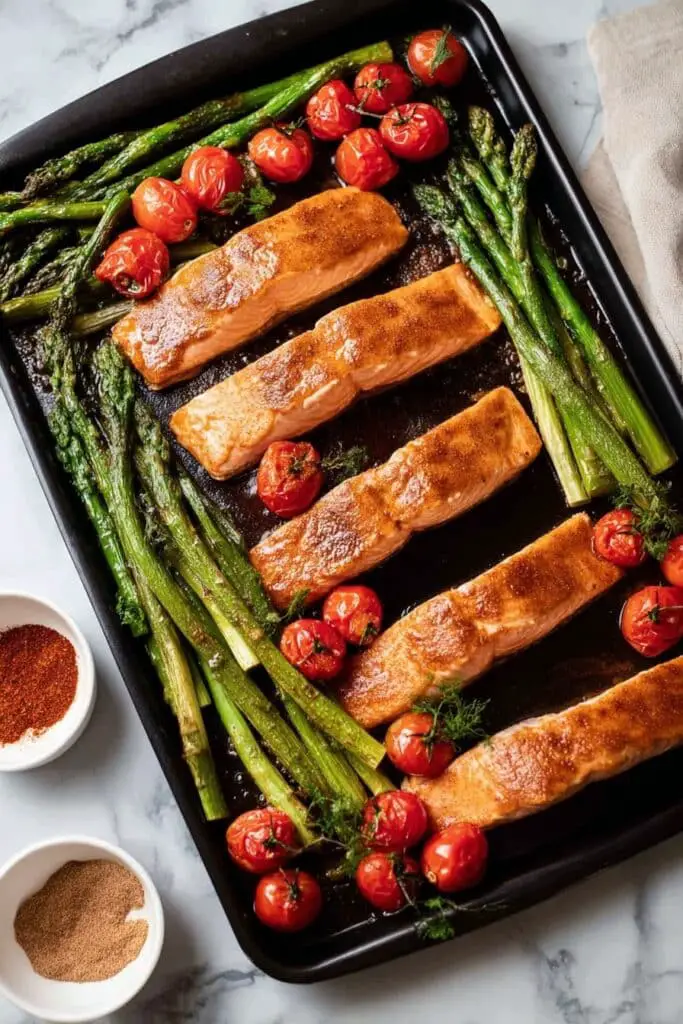 Brown Sugar Broiled Salmon with Roasted Asparagus and Cherry Tomatoes Recipe