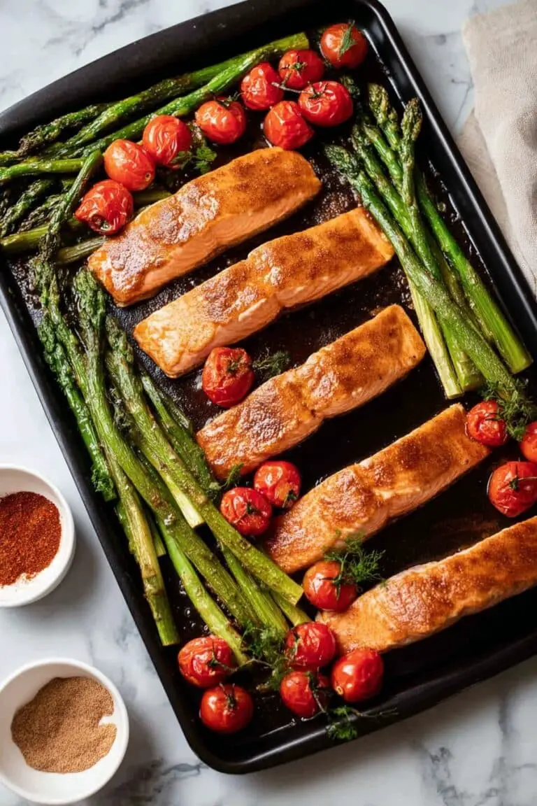 Brown Sugar Broiled Salmon with Roasted Asparagus and Cherry Tomatoes Recipe