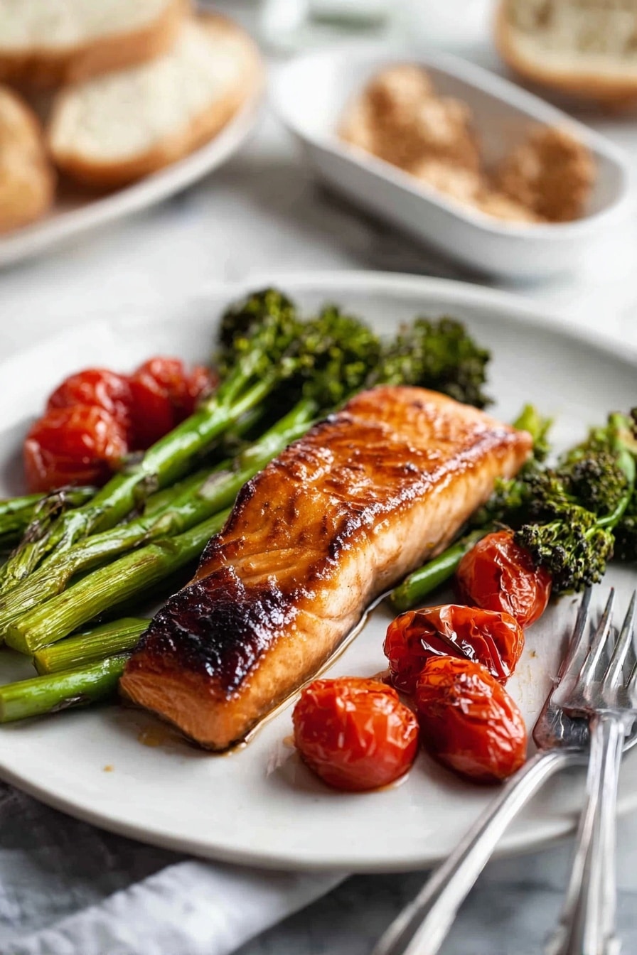 A white plate holds a grilled salmon fillet in the center with a shiny, caramelized brown surface showing grill marks. Underneath and around the salmon are green asparagus and broccolini with a slightly charred texture. Bright red roasted cherry tomatoes, some whole and some halved, are scattered on the plate around the vegetables and fish. A silver fork rests on the right side of the plate, its tip near the salmon. The plate sits on a white marbled surface. In the blurred background, there is a white dish with brown crumbs and some slices of a white baguette. photo taken with an iphone --ar 2:3 --v 7 - Brown Sugar Broiled Salmon with Roasted Asparagus and Cherry Tomatoes, baked salmon with sweet glaze, healthy salmon dinner, easy weeknight salmon recipe, caramelized salmon and veggies