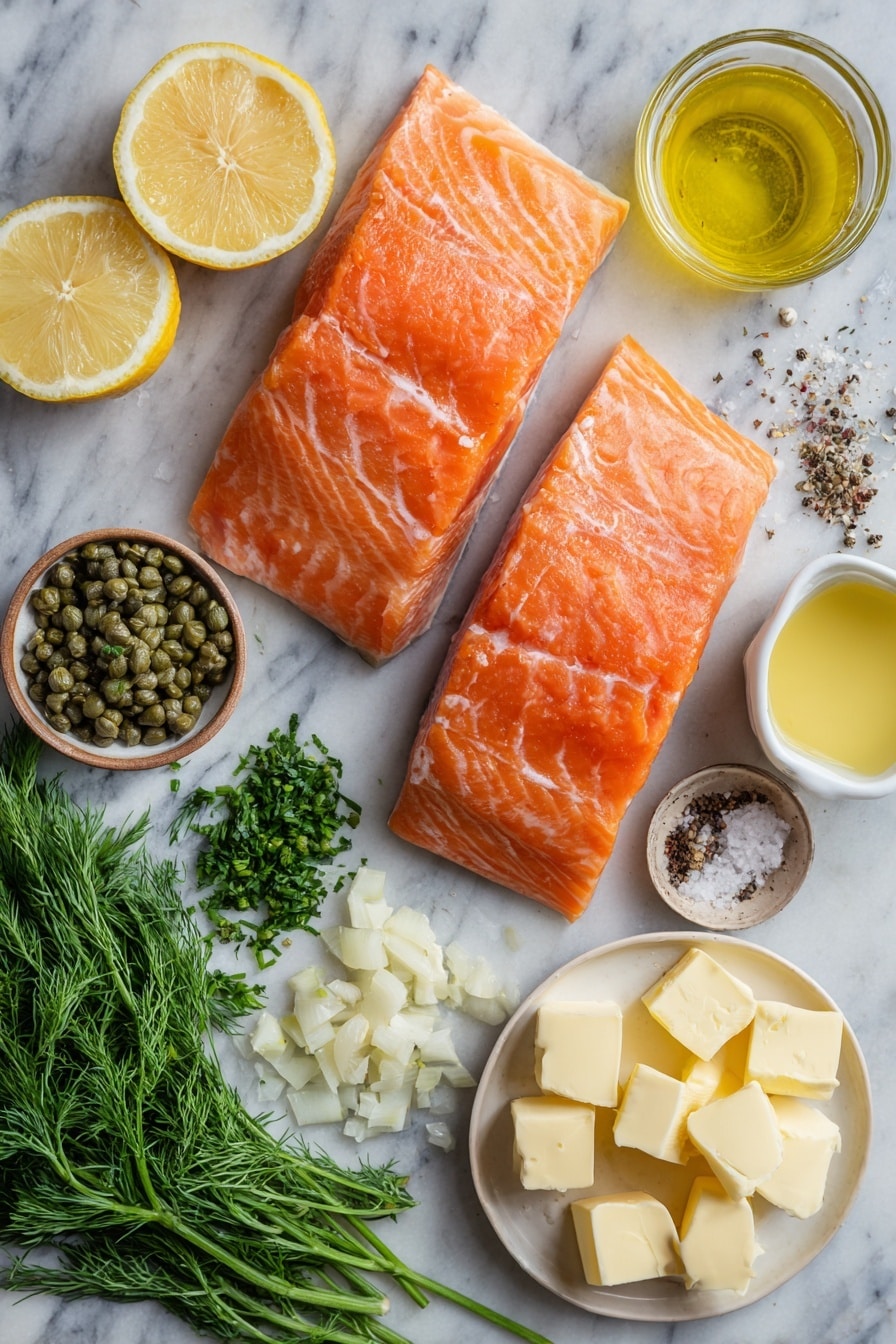 Flat lay of two large skinless salmon fillets, three garlic cloves finely chopped, a small dish of capers, several pieces of cold unsalted butter cut into cubes, a small bowl of chicken broth, a quarter glass of white wine, a lemon sliced showing zest and juice, a small pile of fresh chopped dill and parsley, salt and black pepper scattered artistically, placed on a white marble surface, photo taken with an iphone --ar 2:3 --v 7 - Salmon Piccata, Salmon Piccata recipe, easy salmon dinner, lemon salmon skillet, quick seafood recipes