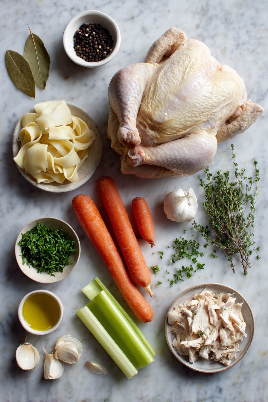 Flat lay of one whole fresh chicken, a halved head of garlic, two whole carrots cut into chunks, two celery ribs in large pieces, two quartered onions, a small bowl of black peppercorns, two bay leaves, four sprigs of thyme, a small dish of olive oil, a few minced garlic cloves, a handful of shredded chicken, a small pile of egg noodles, and a scattering of chopped parsley placed on a white marble surface, photo taken with an iphone --ar 2:3 --v 7 - Homemade Chicken Noodle Soup from Scratch, hearty chicken noodle soup, homemade chicken soup recipe, from scratch chicken noodle soup, comforting chicken noodle soup