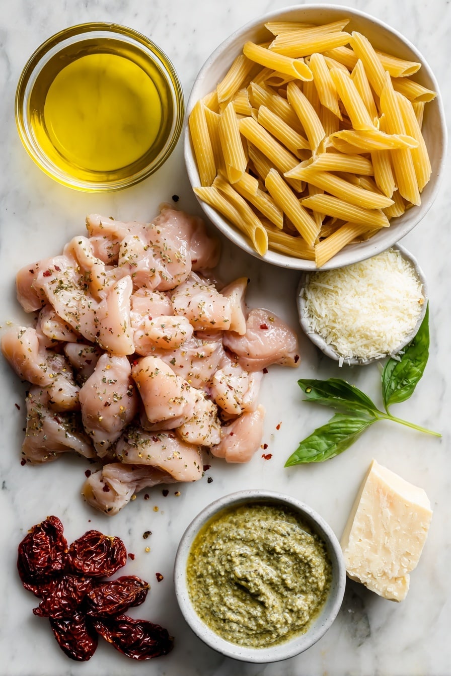 Flat lay of a small pile of boneless skinless chicken breast pieces seasoned with Italian herbs, a handful of uncooked ridged penne pasta, a small shallow dish of golden olive oil, a small bowl of creamy heavy cream, a quarter cup of grated parmesan cheese in a small mound, a small cluster of sun-dried tomatoes, a half cup dollop of vibrant green basil pesto, a few red pepper flakes scattered nearby, and a few fresh torn basil leaves artfully arranged, all placed on a white marble surface, photo taken with an iphone --ar 2:3 --v 7 - Creamy Chicken Pesto Pasta with Sun-Dried Tomatoes, flavorful pasta dishes, easy chicken pasta recipes, quick weeknight dinners, gourmet pasta ideas