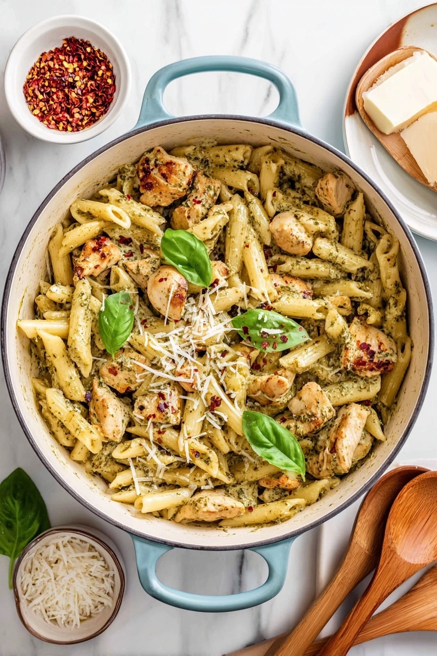 The image shows a large white pot filled with creamy pasta and chunks of chicken mixed with green pesto sauce, with bits of red chili flakes sprinkled on top. The pasta is penne, pale yellow with a smooth texture, and the chicken pieces are golden brown and scattered evenly throughout. Fresh green basil leaves are placed on top as garnish, adding a bright contrast. A few shreds of white Parmesan cheese are sprinkled over the dish. The pot sits on a white marbled surface, surrounded by a small white bowl of red chili flakes with a spoon, a white bowl filled with white rice, and a block of Parmesan cheese. To the right, wooden salad servers rest on a white oval plate. Photo taken with an iphone --ar 2:3 --v 7 - Creamy Chicken Pesto Pasta with Sun-Dried Tomatoes, flavorful pasta dishes, easy chicken pasta recipes, quick weeknight dinners, gourmet pasta ideas