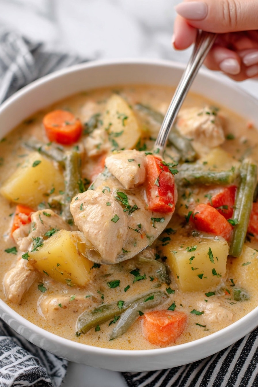 The image shows a close-up of a white bowl filled with creamy chicken stew. The stew has several visible layers: chunks of cooked chicken, orange carrot pieces, green beans, yellow potato cubes, and small bits of red bell pepper. The sauce is light beige, thick, and creamy, coating all the ingredients. The stew is garnished with chopped green herbs scattered on top. A silver ladle is scooping up a mix of chicken, vegetables, and sauce, held by a woman's hand. The background is a white marbled surface with a black and white striped cloth partly visible under the bowl. photo taken with an iphone --ar 2:3 --v 7 - Hearty Chicken Stew with Root Vegetables and Cream, chicken stew, root vegetable recipes, creamy chicken stew, comforting fall recipes