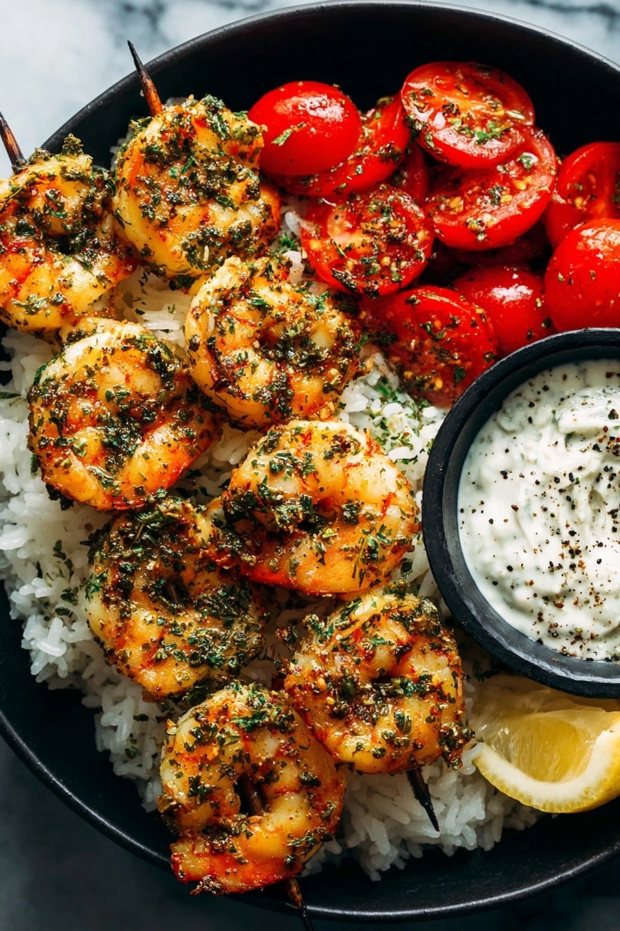 A close-up view of a dish showing six grilled shrimp with a golden-brown color and green herb seasoning on top. The shrimp are arranged in a row on a bed of white rice that looks soft and fluffy, all placed in a white bowl. A small wedge of orange lemon is visible on the side of the bowl. The background has a white marbled texture. Photo taken with an iphone --ar 2:3 --v 7 - Chimichurri Shrimp with Rice and Tzatziki, flavorful shrimp recipes, quick seafood dinners, healthy dinner ideas, easy shrimp recipes